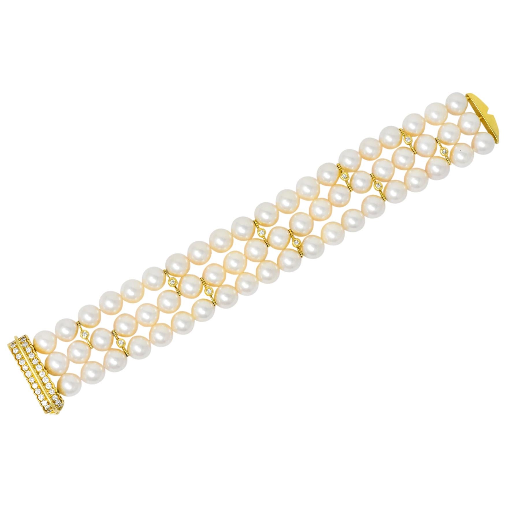Tiffany 
Co. Diamond Natural Cultured Pearl 18 Karat Gold Triple Bracelet