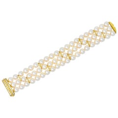 Tiffany & Co. Diamond Natural Cultured Pearl 18 Karat Gold Triple Bracelet
