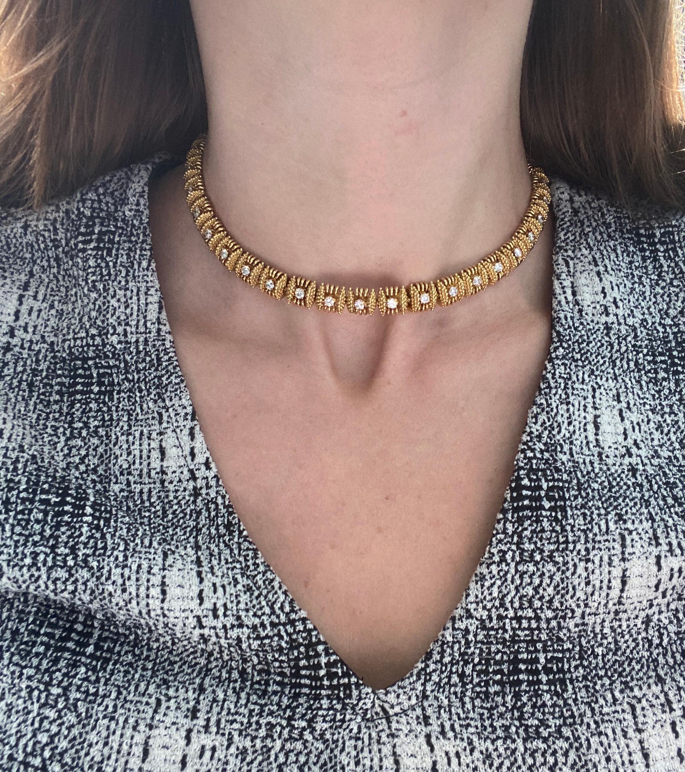 Gold and Diamond Necklace by Tiffany & Co. This necklace has beaded and polished wire links centering 37 round diamonds weighing approximately 4.25 carats all set in 18k yellow gold. Weght: 89 grams;
Signed Tiffany & Co.
 Length: 14 1/2 inches.