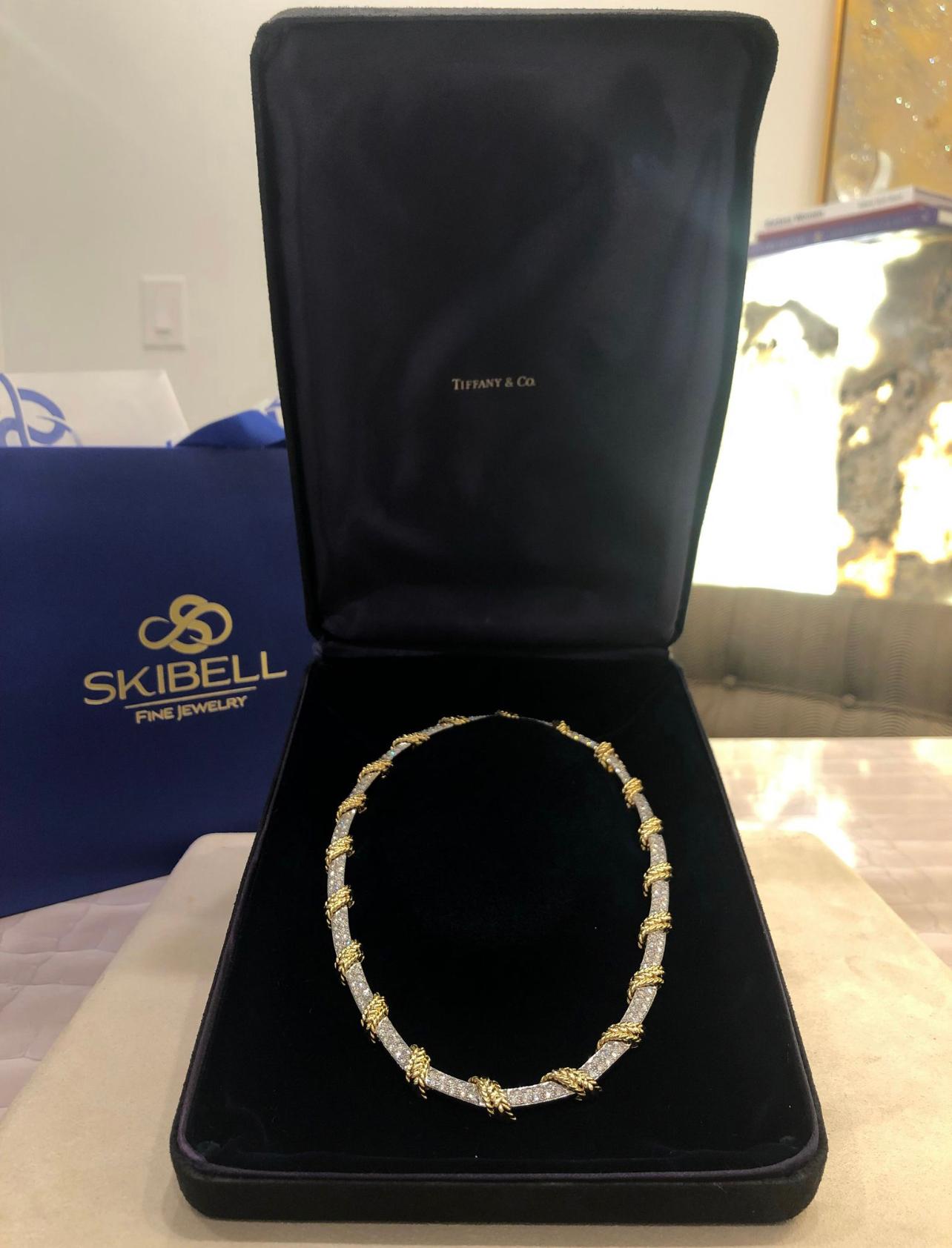Estate Tiffany & Co. Diamond Necklace in Platinum Topped 18K Yellow Gold. The necklace features 15ctw of brilliant round diamonds, E-F color, VVS clarity. Modern piece that is rare and collectible due to the process of how it is crafted. The