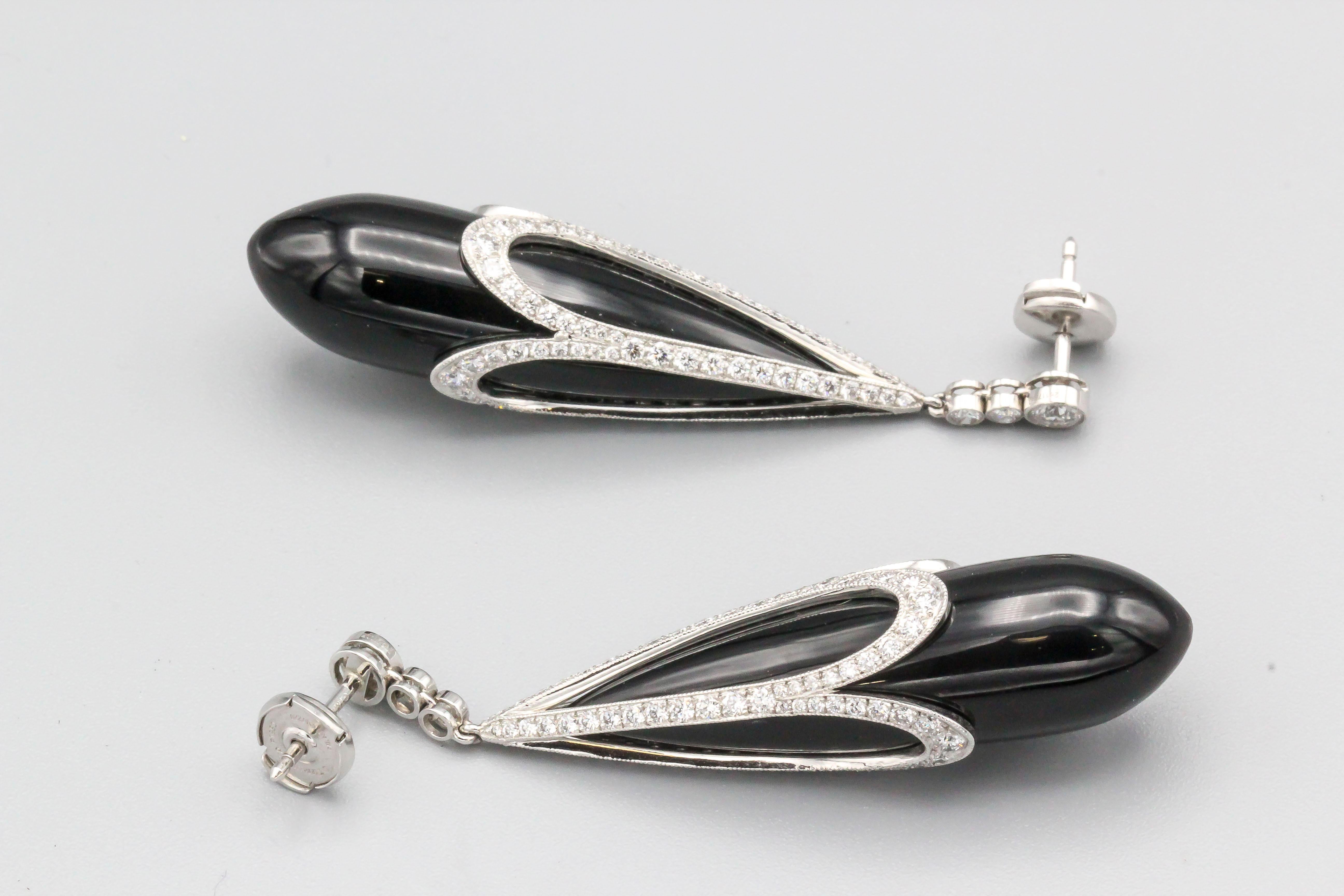 Tiffany & Co. Diamond Onyx and Platinum Drop Earrings In Excellent Condition In New York, NY