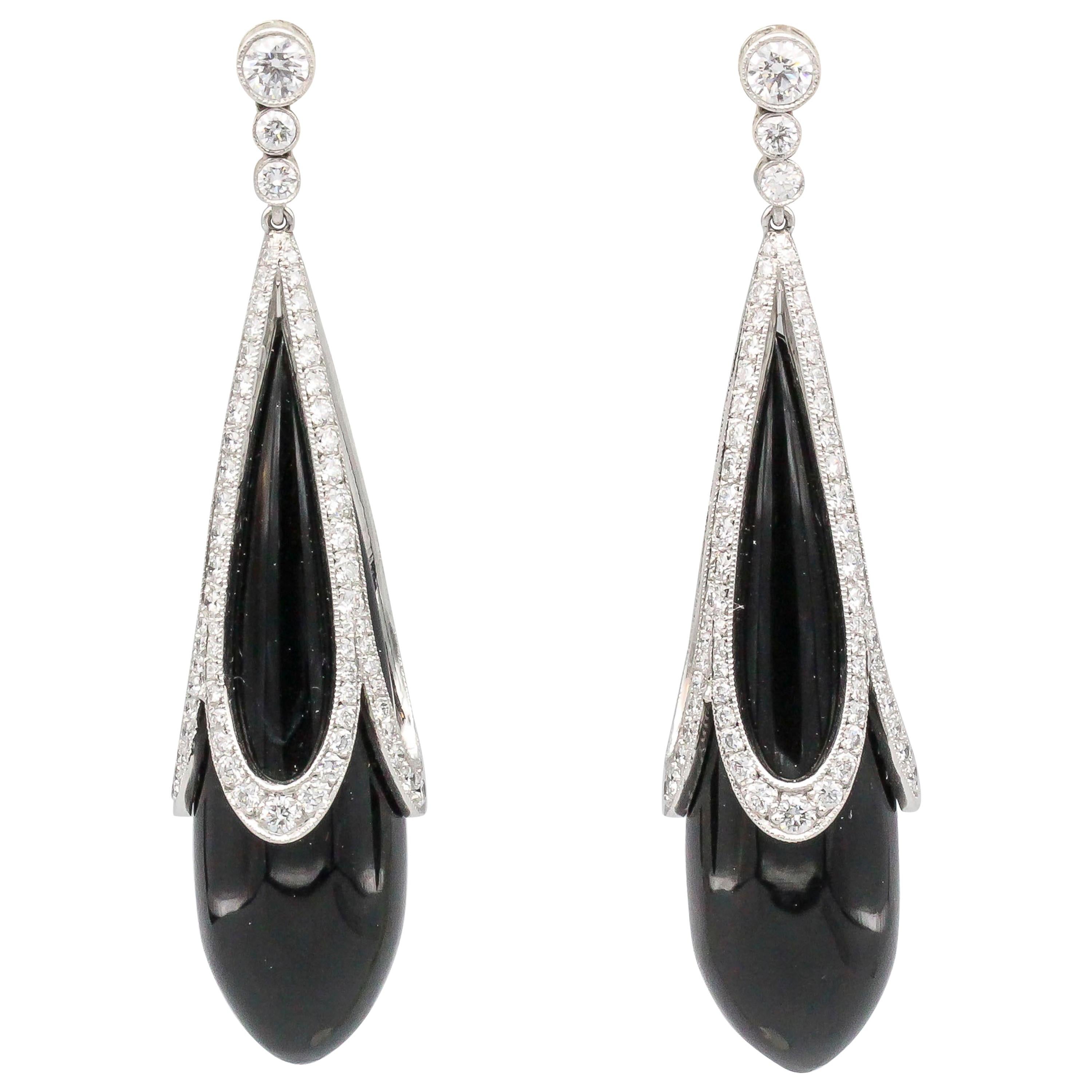 Tiffany & Co. Diamond Onyx and Platinum Drop Earrings
