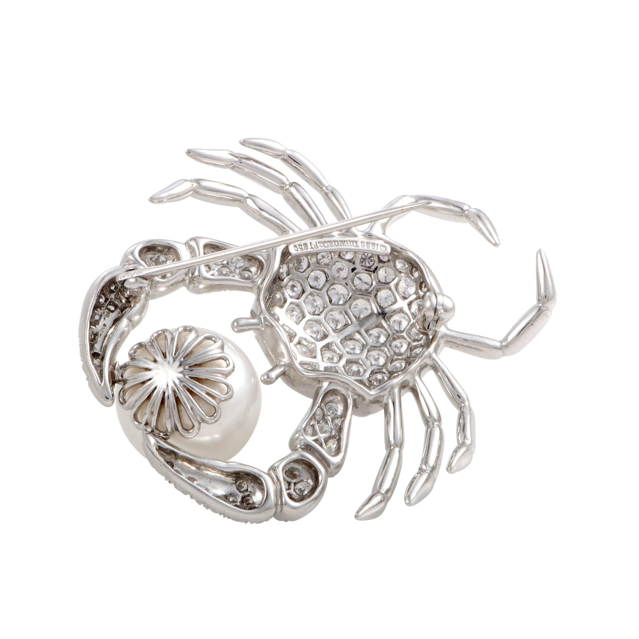 Round Cut Tiffany & Co. Diamond Pave and White Pearl Platinum Crab Brooch