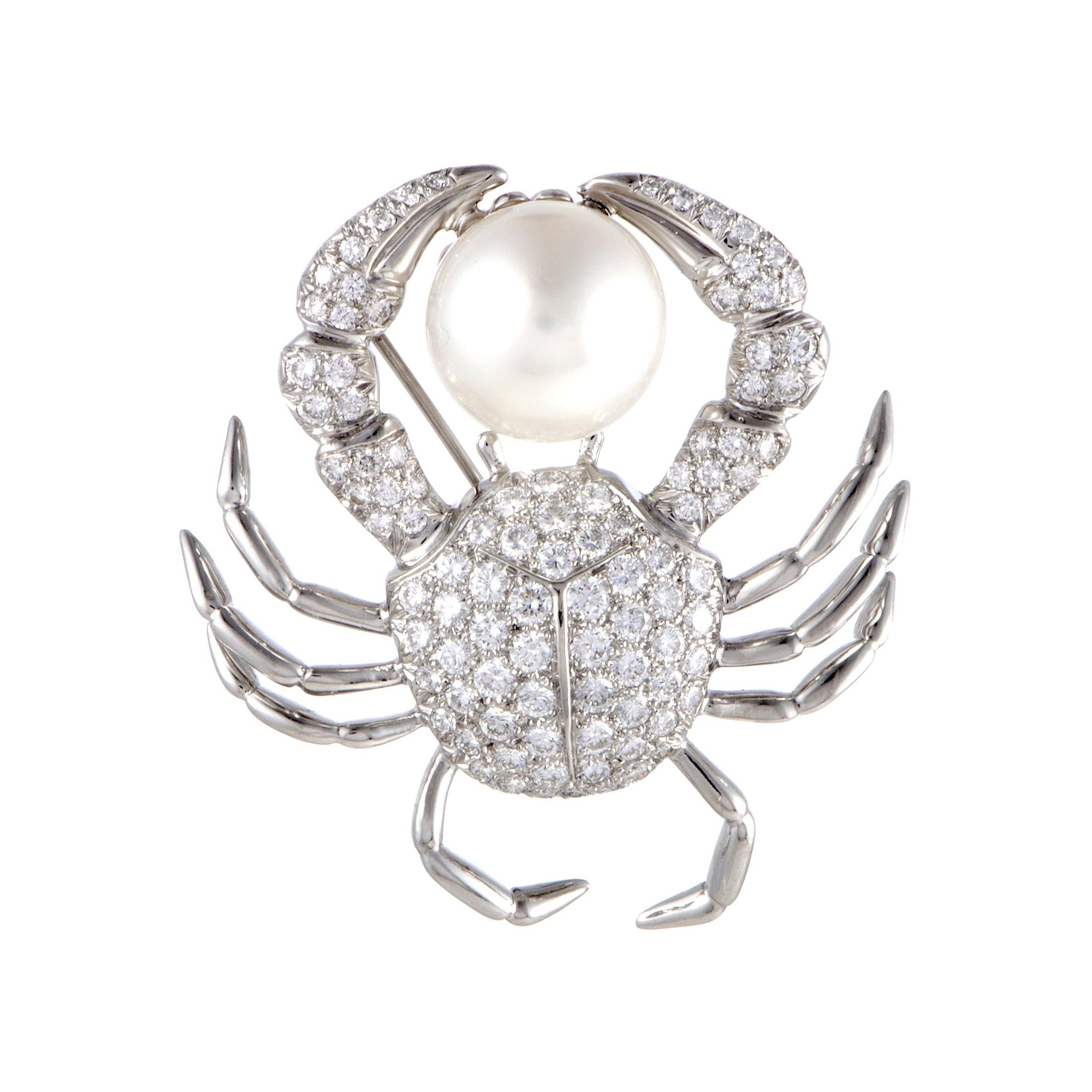 Tiffany & Co. Diamond Pave and White Pearl Platinum Crab Brooch