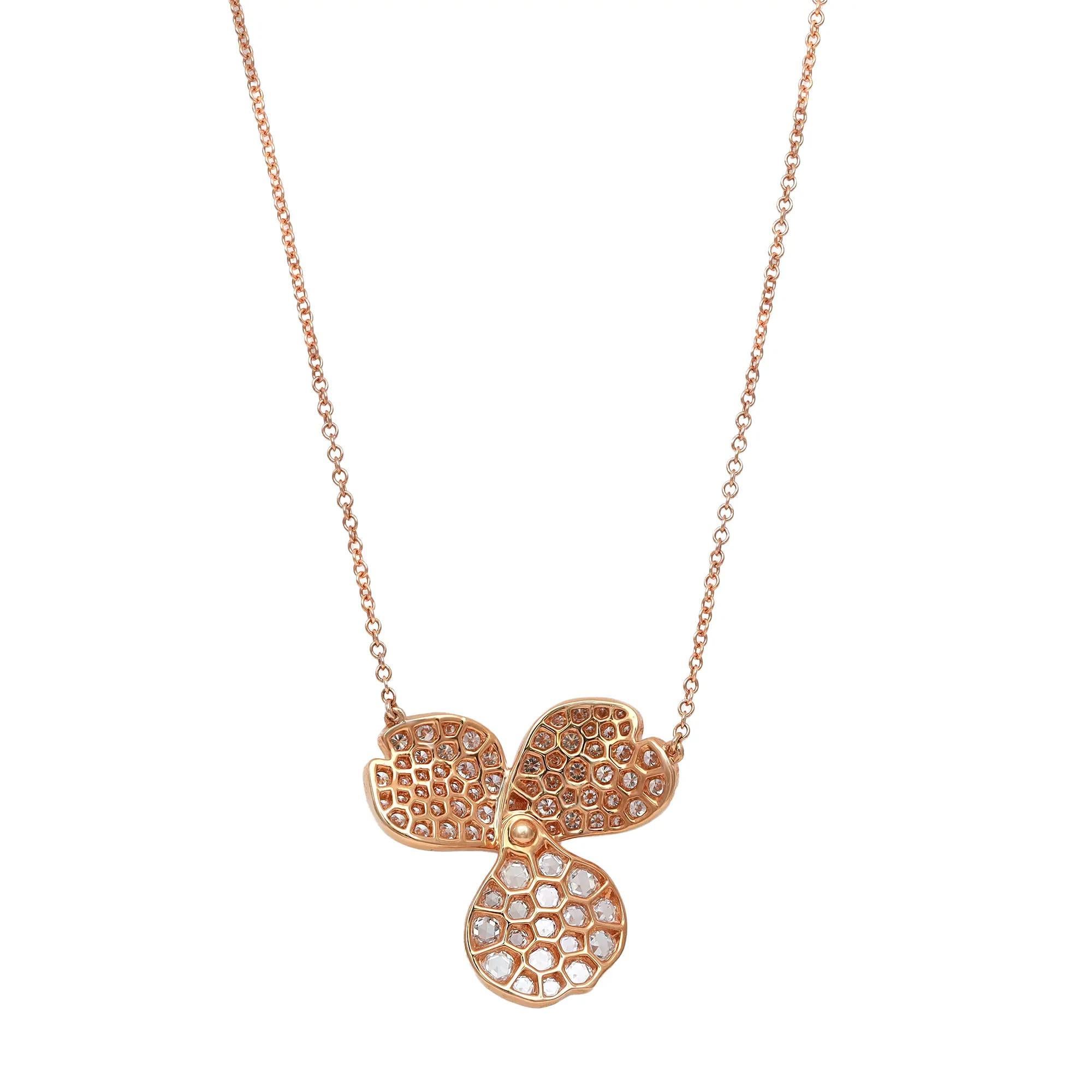 Fall in love with this beautiful Tiffany & Co. Diamond Pave Large Paper Flowers Pendant Necklace. Crafted in 18K rose gold. Showcasing a gorgeous three petal flower studded with round brilliant cut and round rose cut diamonds attached to a cuban