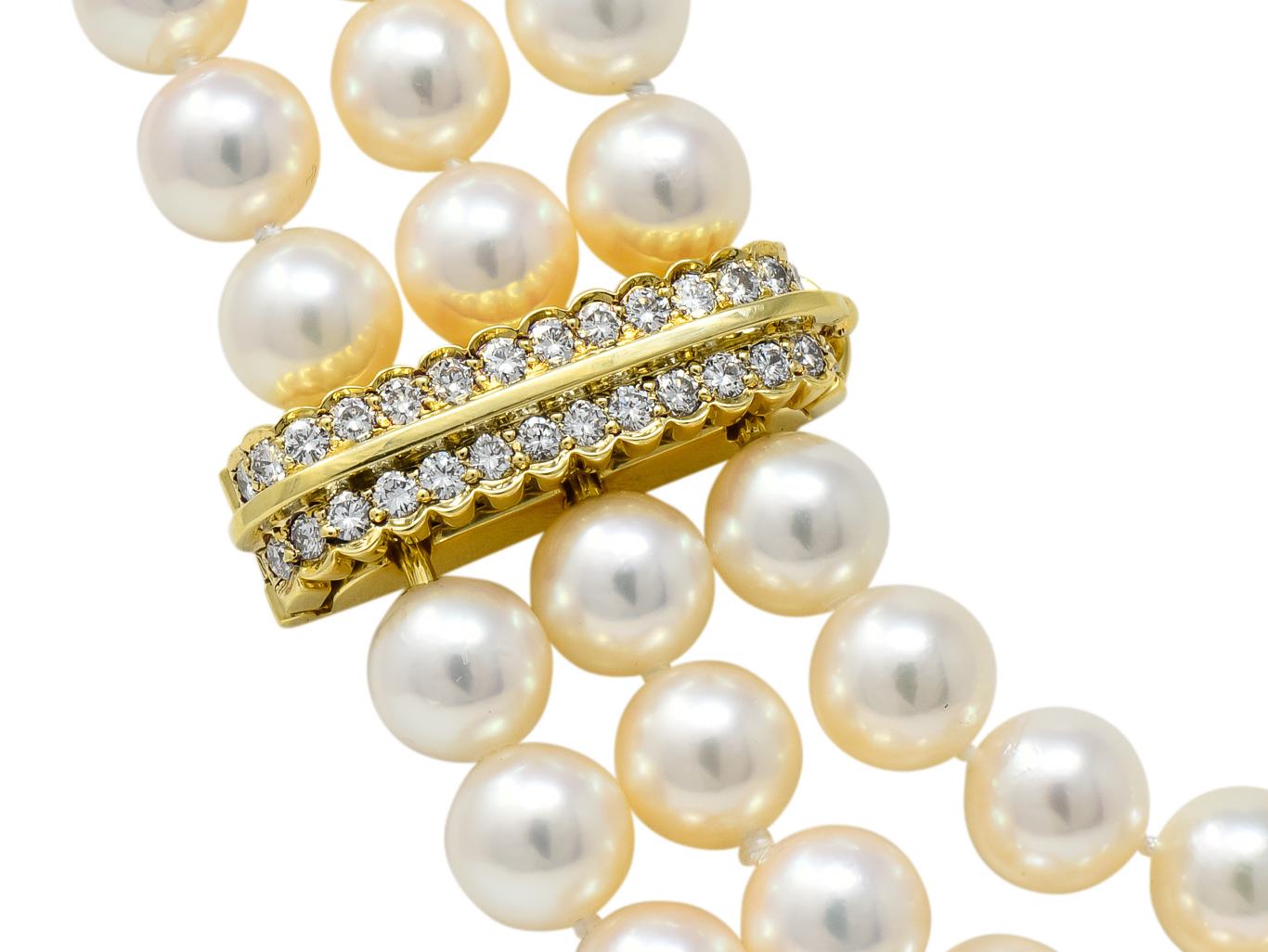 Contemporary Tiffany & Co. Diamond Pearl 18 Karat Yellow Gold Triple Strand Necklace