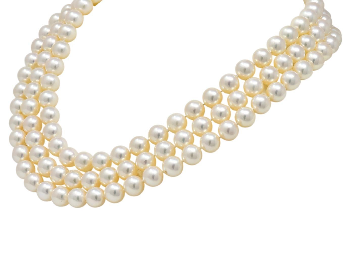 Round Cut Tiffany & Co. Diamond Pearl 18 Karat Yellow Gold Triple Strand Necklace