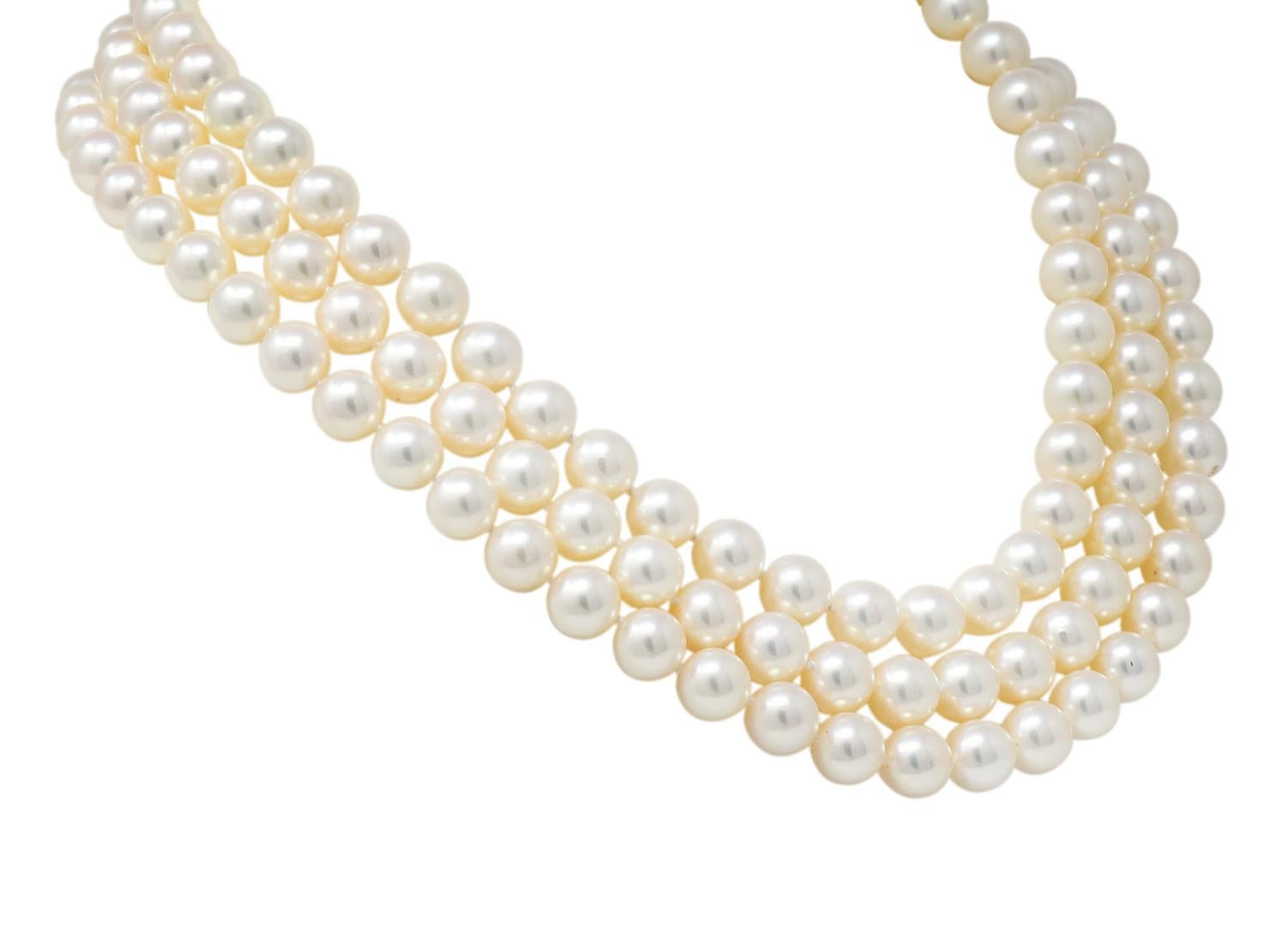 Tiffany & Co. Diamond Pearl 18 Karat Yellow Gold Triple Strand Necklace In Excellent Condition In Philadelphia, PA