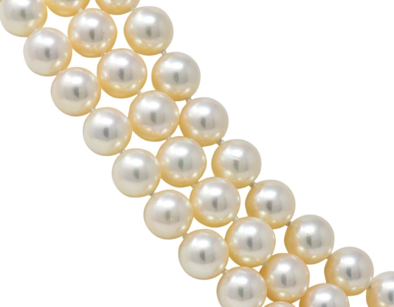 Women's or Men's Tiffany & Co. Diamond Pearl 18 Karat Yellow Gold Triple Strand Necklace