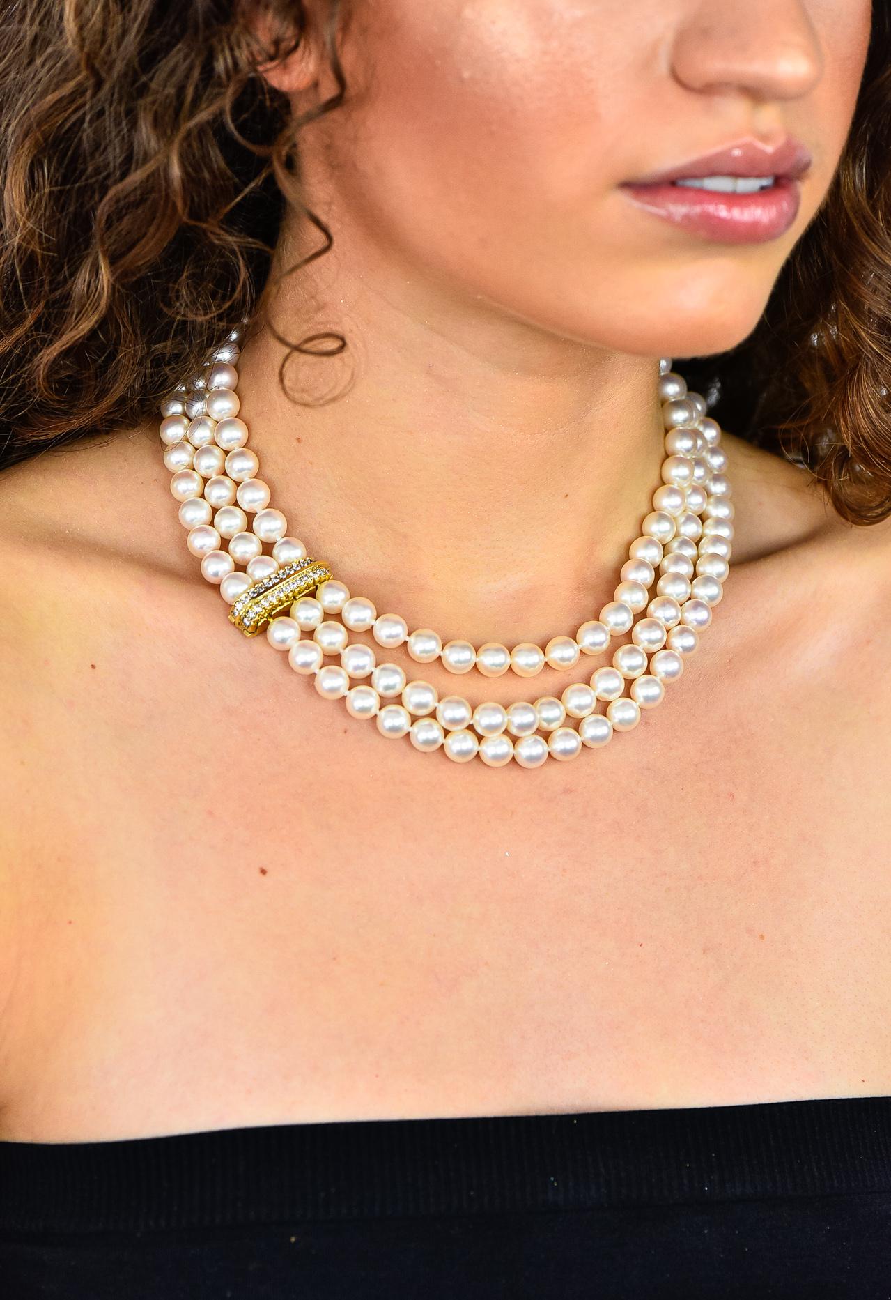 Tiffany & Co. Diamond Pearl 18 Karat Yellow Gold Triple Strand Necklace 1