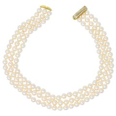 Tiffany & Co. Diamond Pearl 18 Karat Yellow Gold Triple Strand Necklace