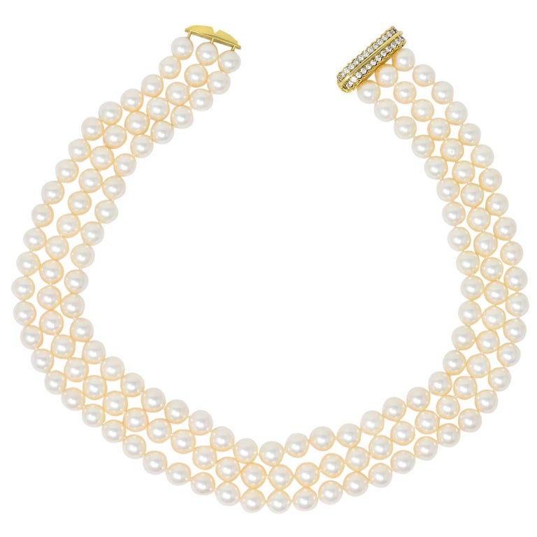 Tiffany and Co. Diamond Pearl 18 Karat Yellow Gold Triple Strand ...