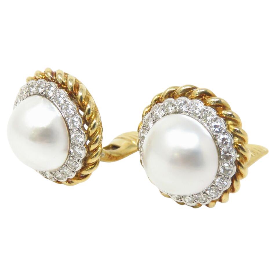 Round Cut Tiffany & Co. Diamond Pearl 18k Yellow Gold Studs For Sale
