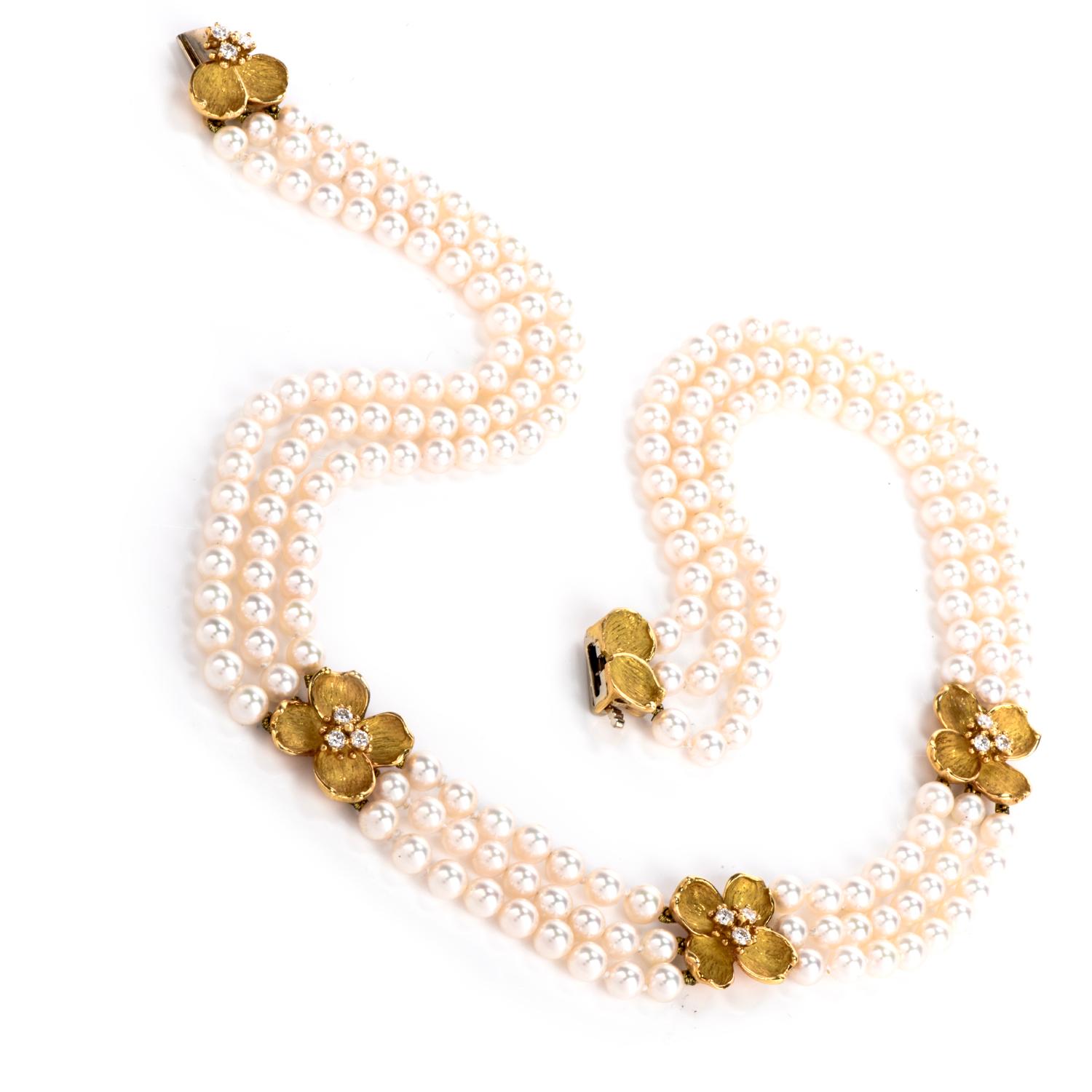 Tiffany & Co. Diamond Pearl Dogwood Flower 18 Karat Gold Multi-Strand Necklace In Excellent Condition In Miami, FL
