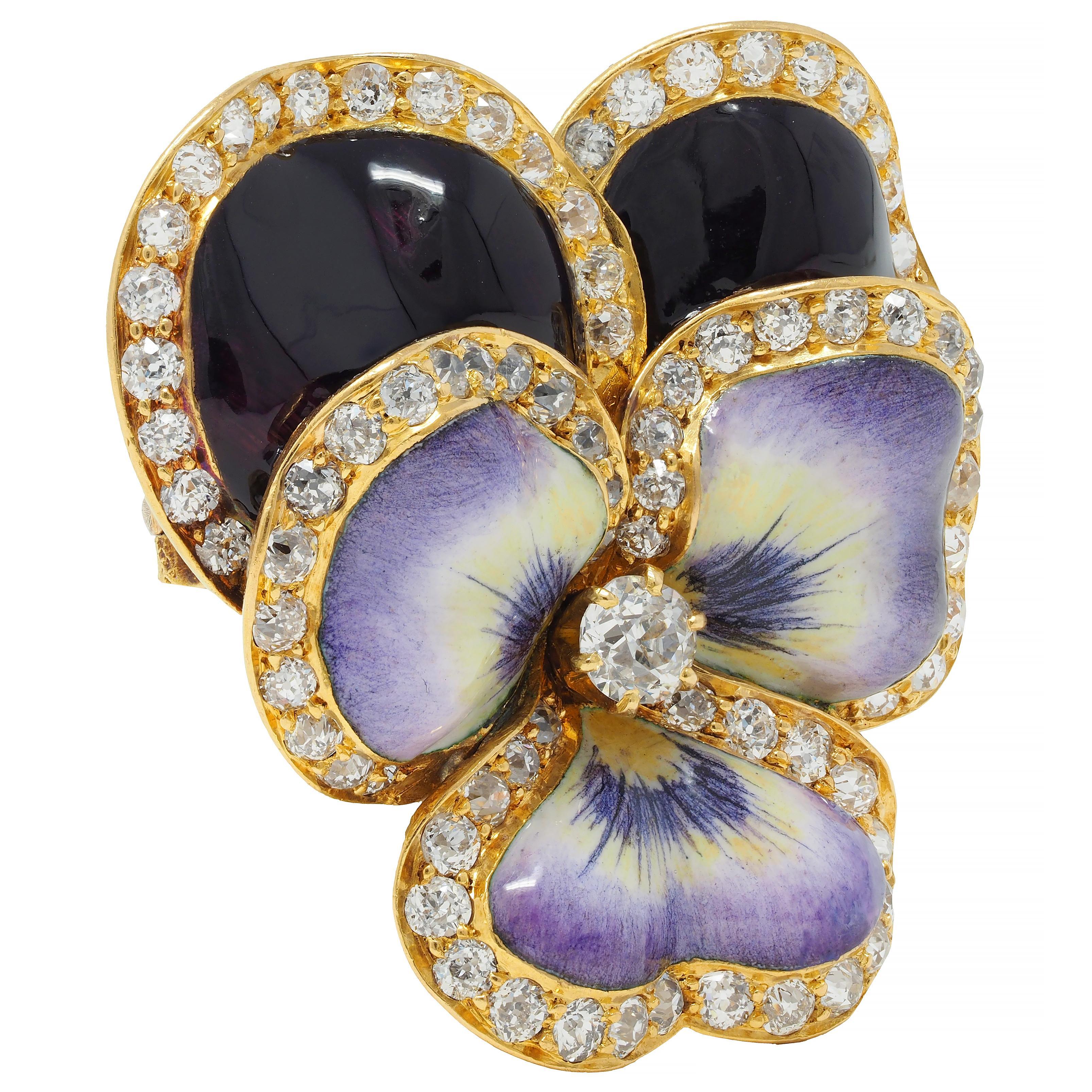 Old European Cut Tiffany & Co. Diamond Pearl Enamel 18 Karat Gold Pansy Flower Antique Brooch For Sale