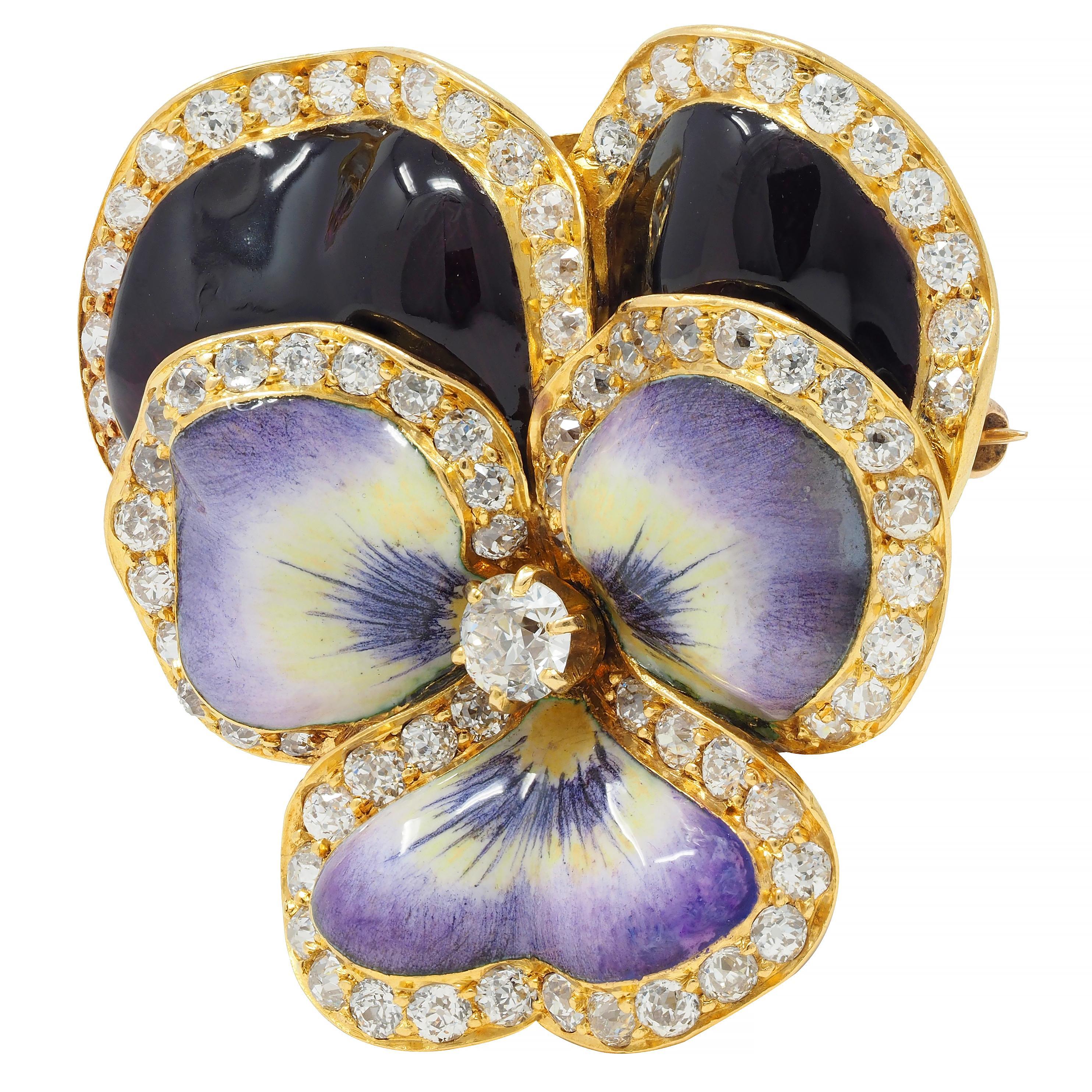 Women's or Men's Tiffany & Co. Diamond Pearl Enamel 18 Karat Gold Pansy Flower Antique Brooch For Sale