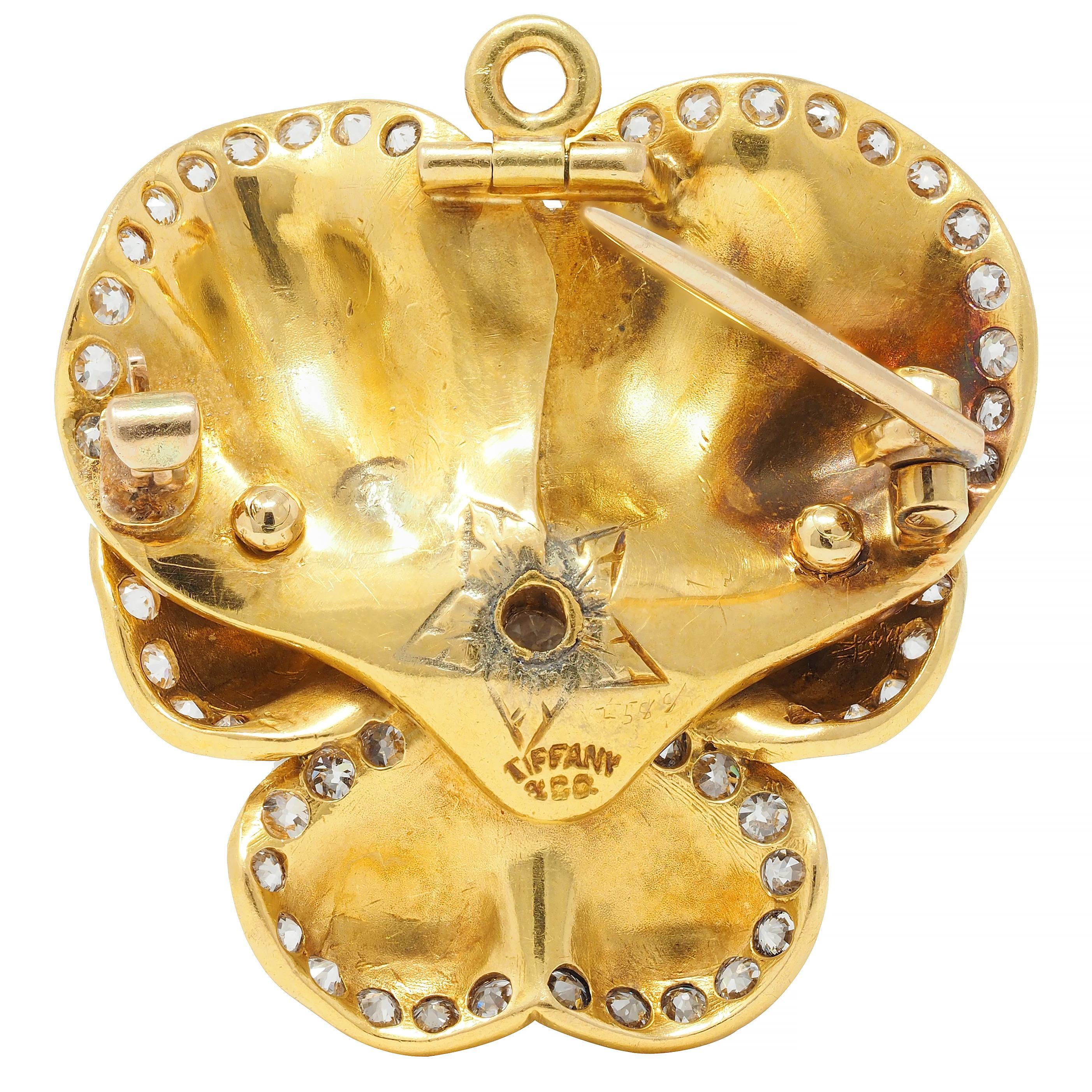 Tiffany & Co. Diamond Pearl Enamel 18 Karat Gold Pansy Flower Antique Brooch For Sale 3