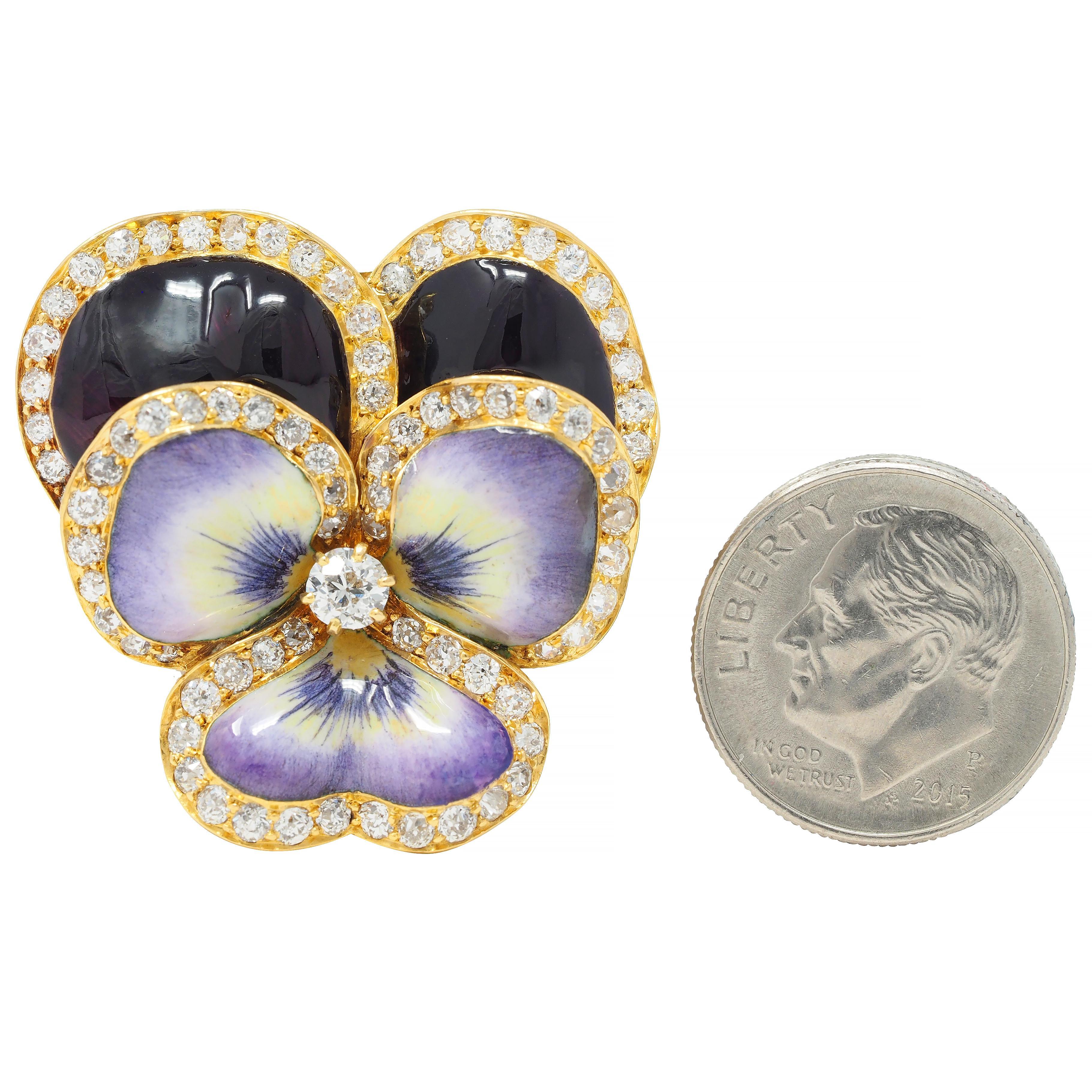 Tiffany & Co. Diamond Pearl Enamel 18 Karat Gold Pansy Flower Antique Brooch For Sale 4