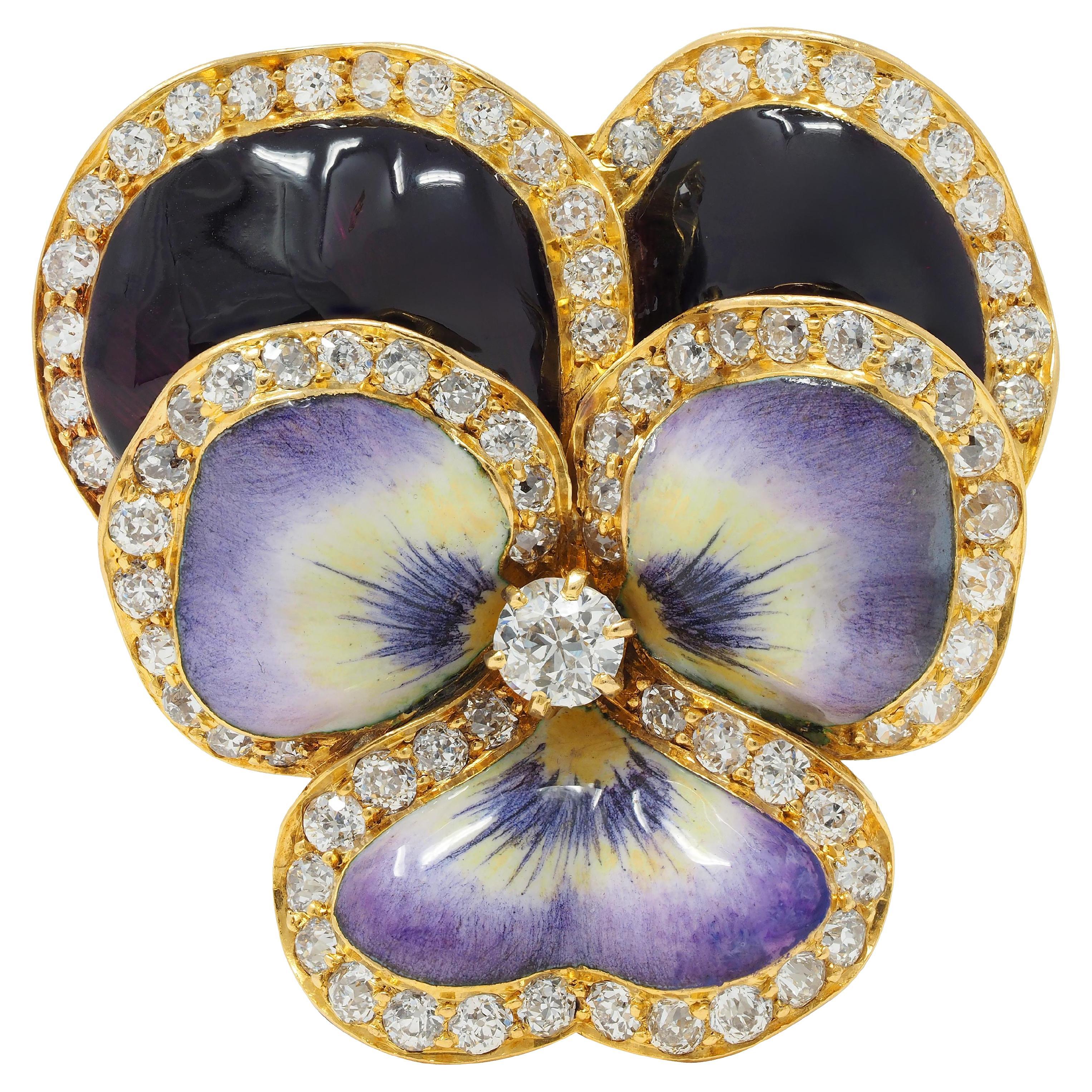 Tiffany & Co. Diamond Pearl Enamel 18 Karat Gold Pansy Flower Antique Brooch For Sale