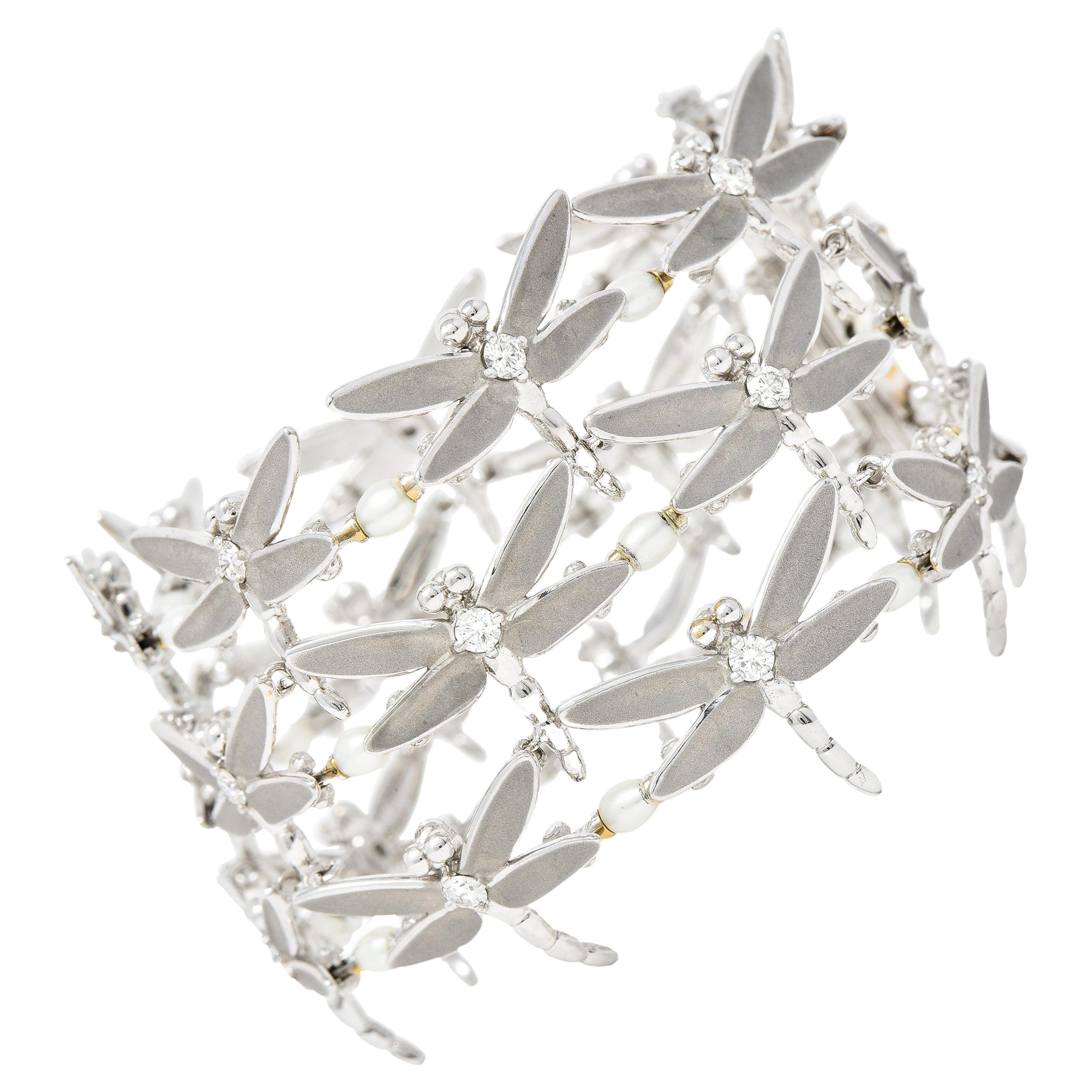 Tiffany 
Co. Diamond Pearl Enamel 18 Karat White Gold Dragonfly Link Bracelet
