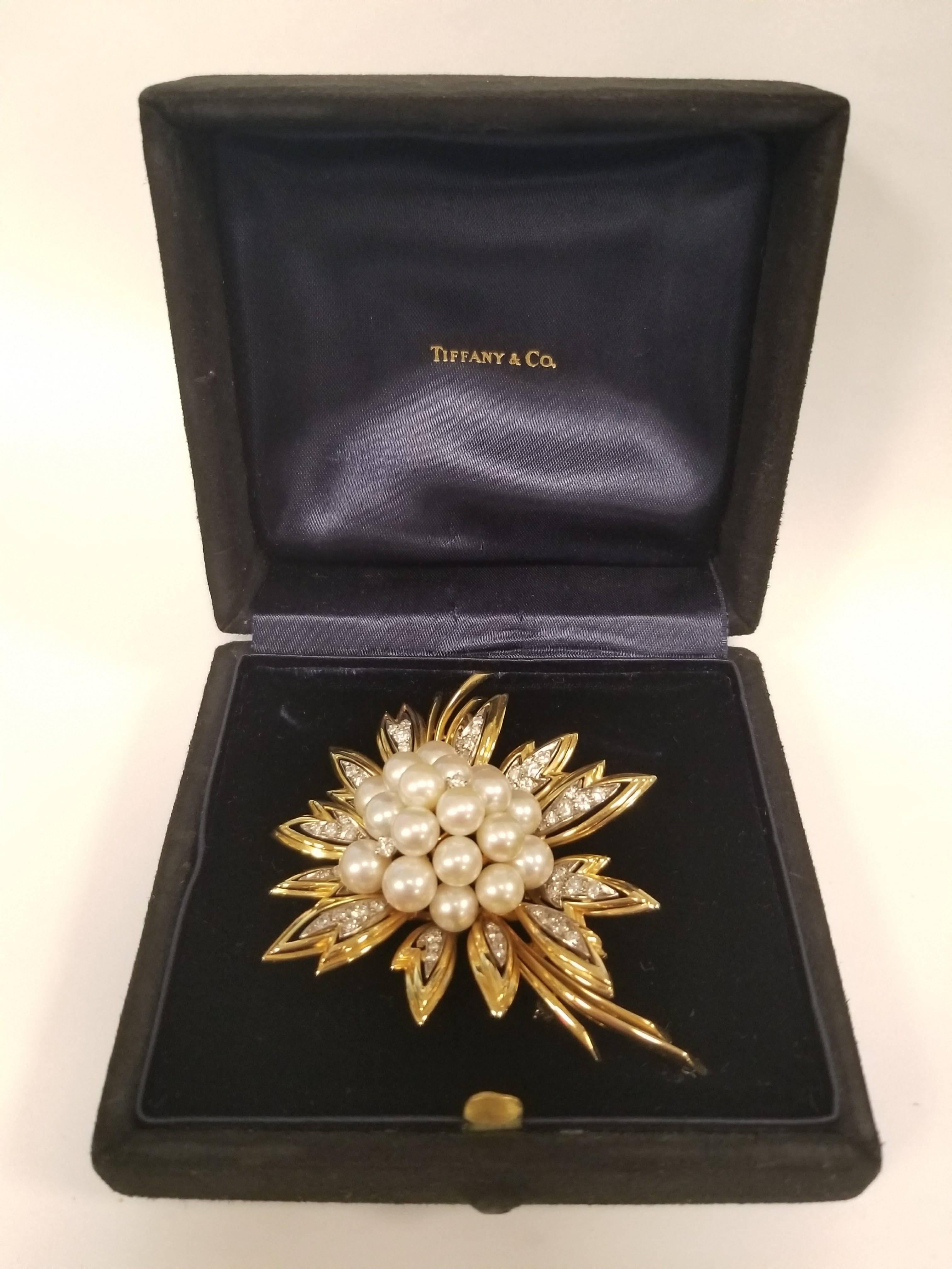 Tiffany & Co. Diamond Pearl Platinum and Gold Flower Brooch In Excellent Condition In New York, NY