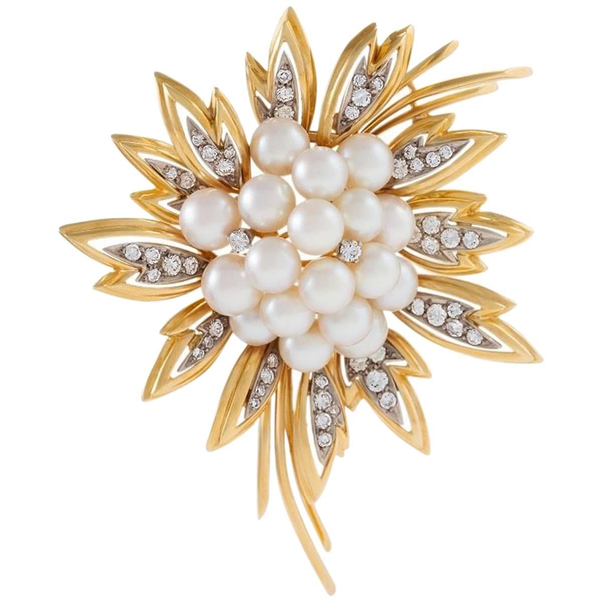 Tiffany & Co. Diamond Pearl Platinum and Gold Flower Brooch