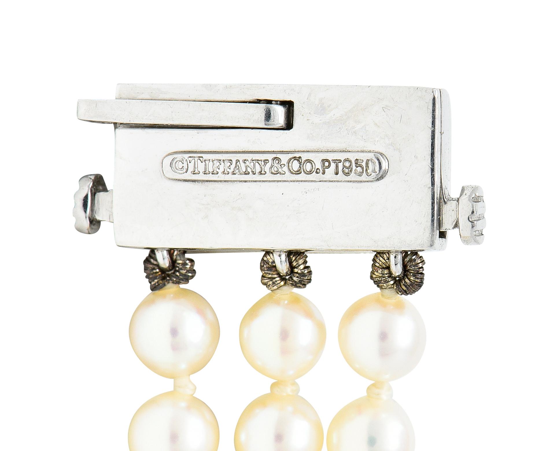 Tiffany & Co. Diamond Pearl Platinum Voile Three Strand Station Bracelet In Excellent Condition In Philadelphia, PA