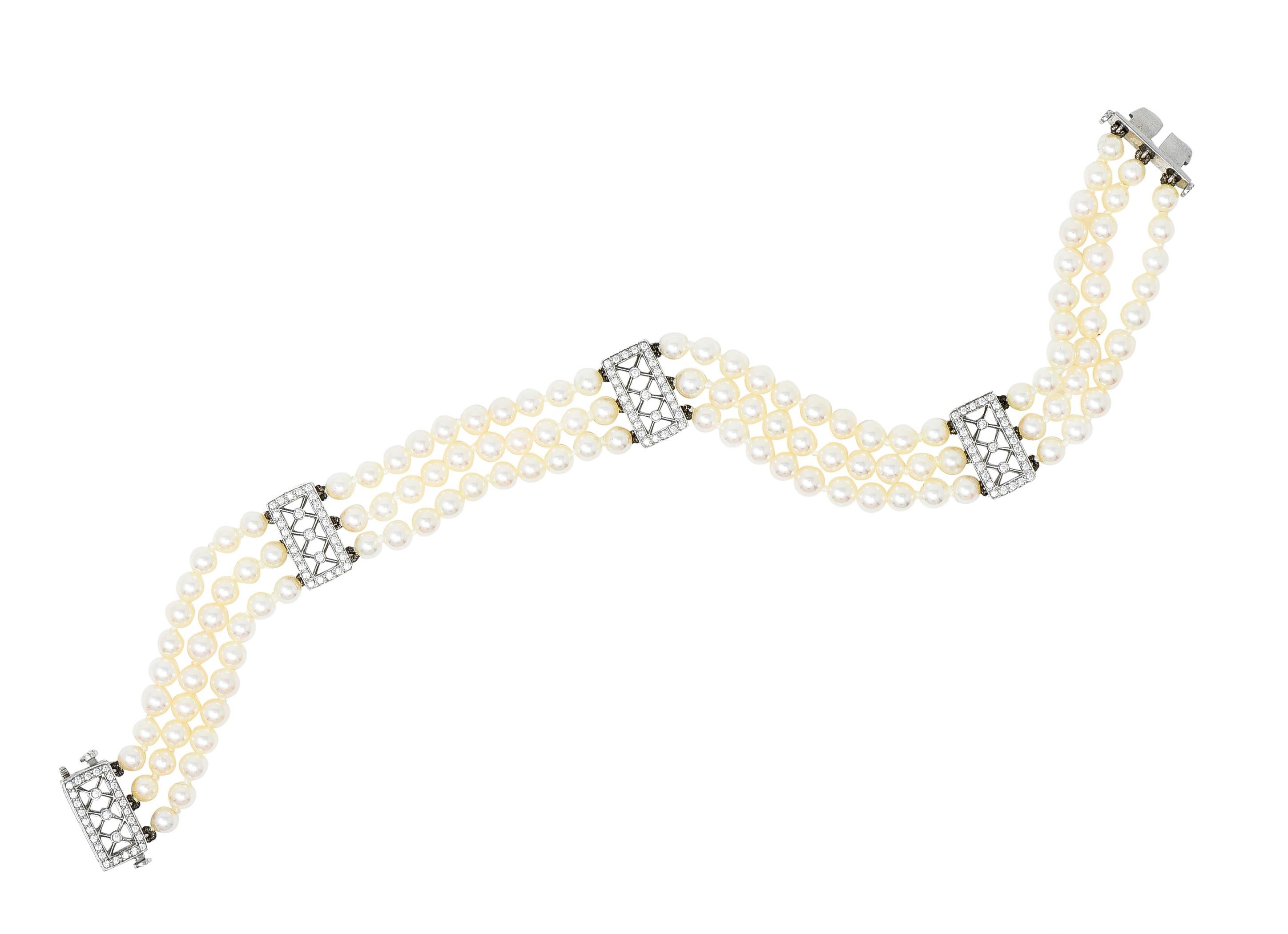 Tiffany & Co. Diamond Pearl Platinum Voile Three Strand Station Bracelet 2