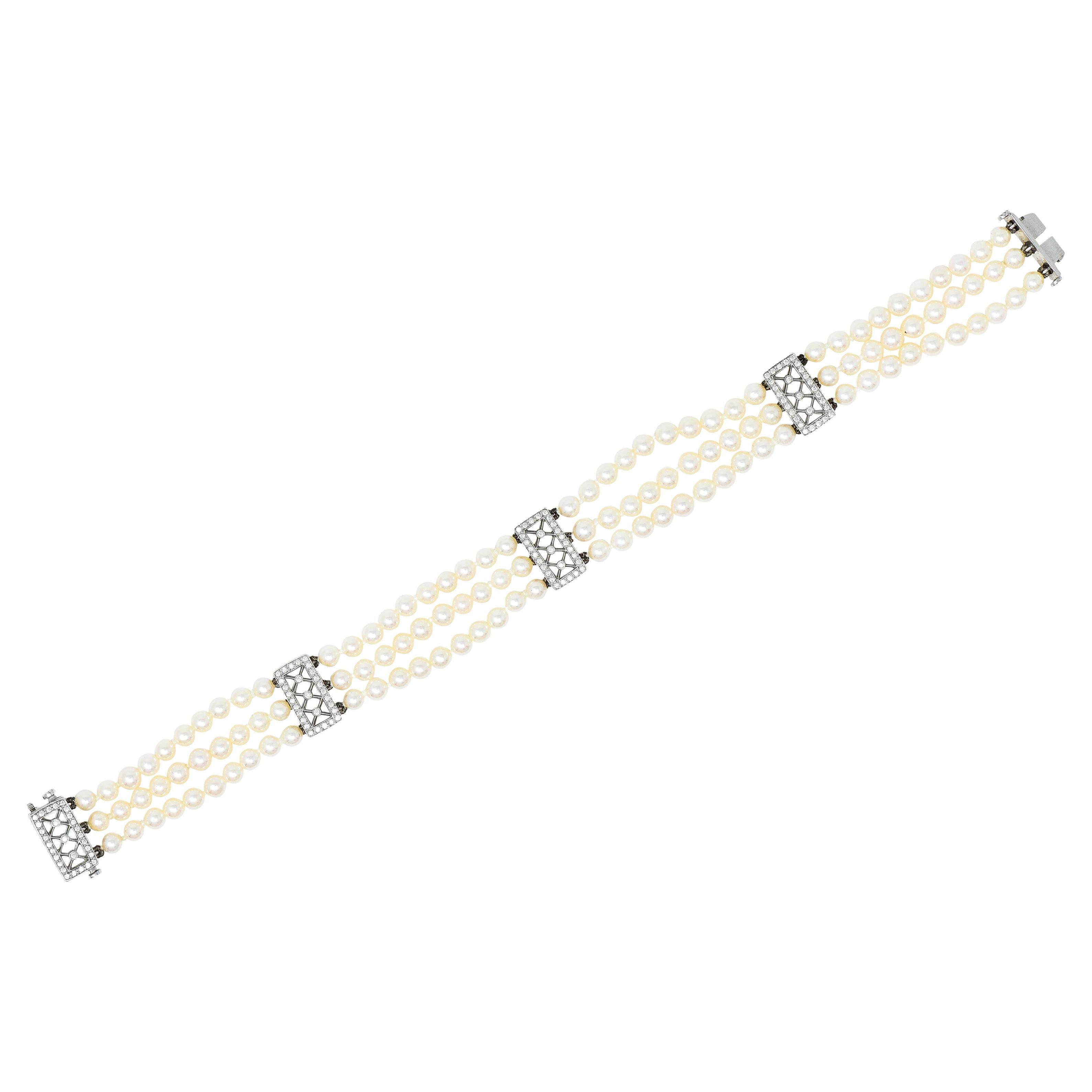 Tiffany & Co. Diamond Pearl Platinum Voile Three Strand Station Bracelet