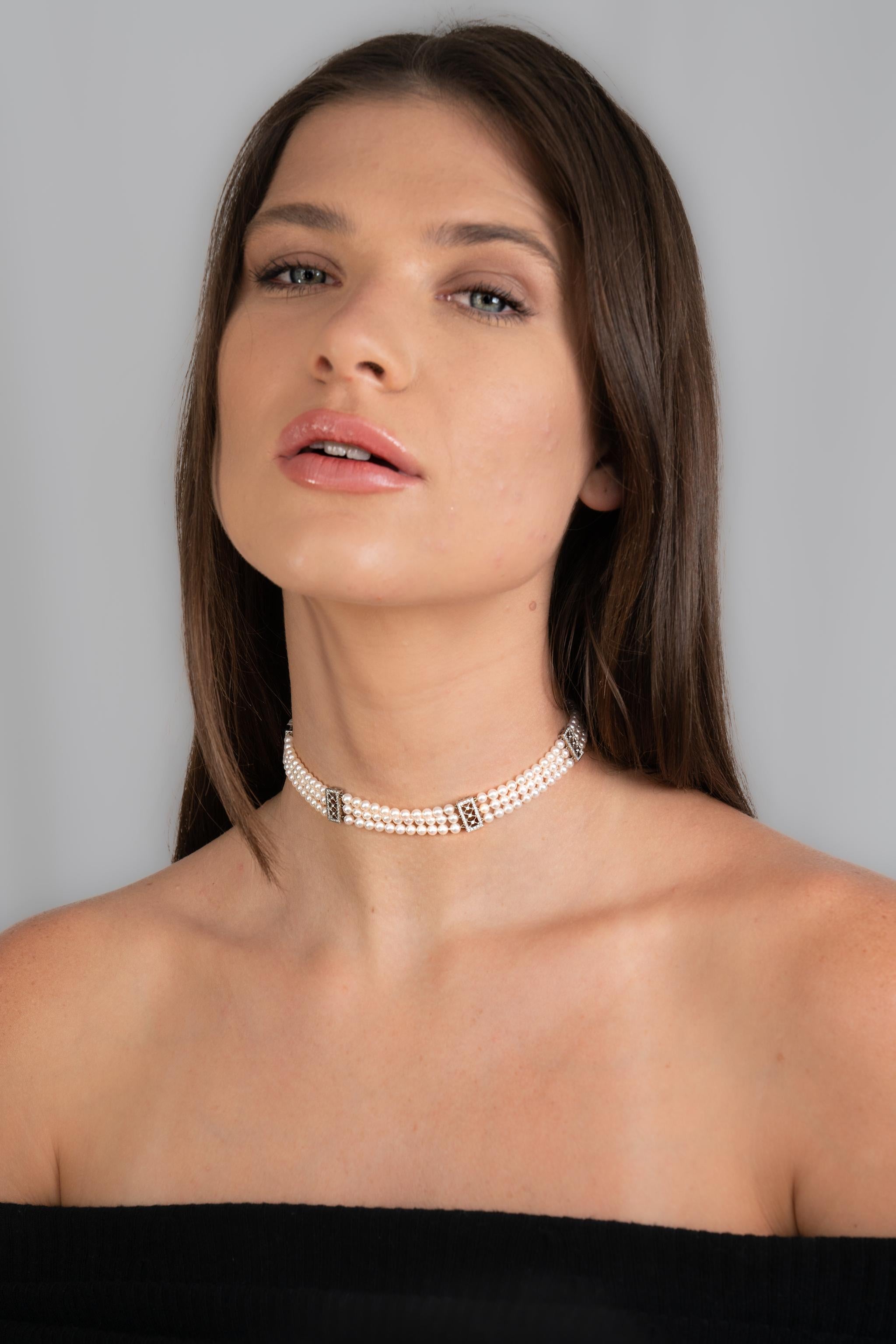 Tiffany & Co. Diamond Pearl Platinum Voile Three Strand Station Collar Necklace 3