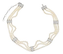 Tiffany & Co. Diamond Pearl Platinum Voile Three Strand Station Collar Necklace