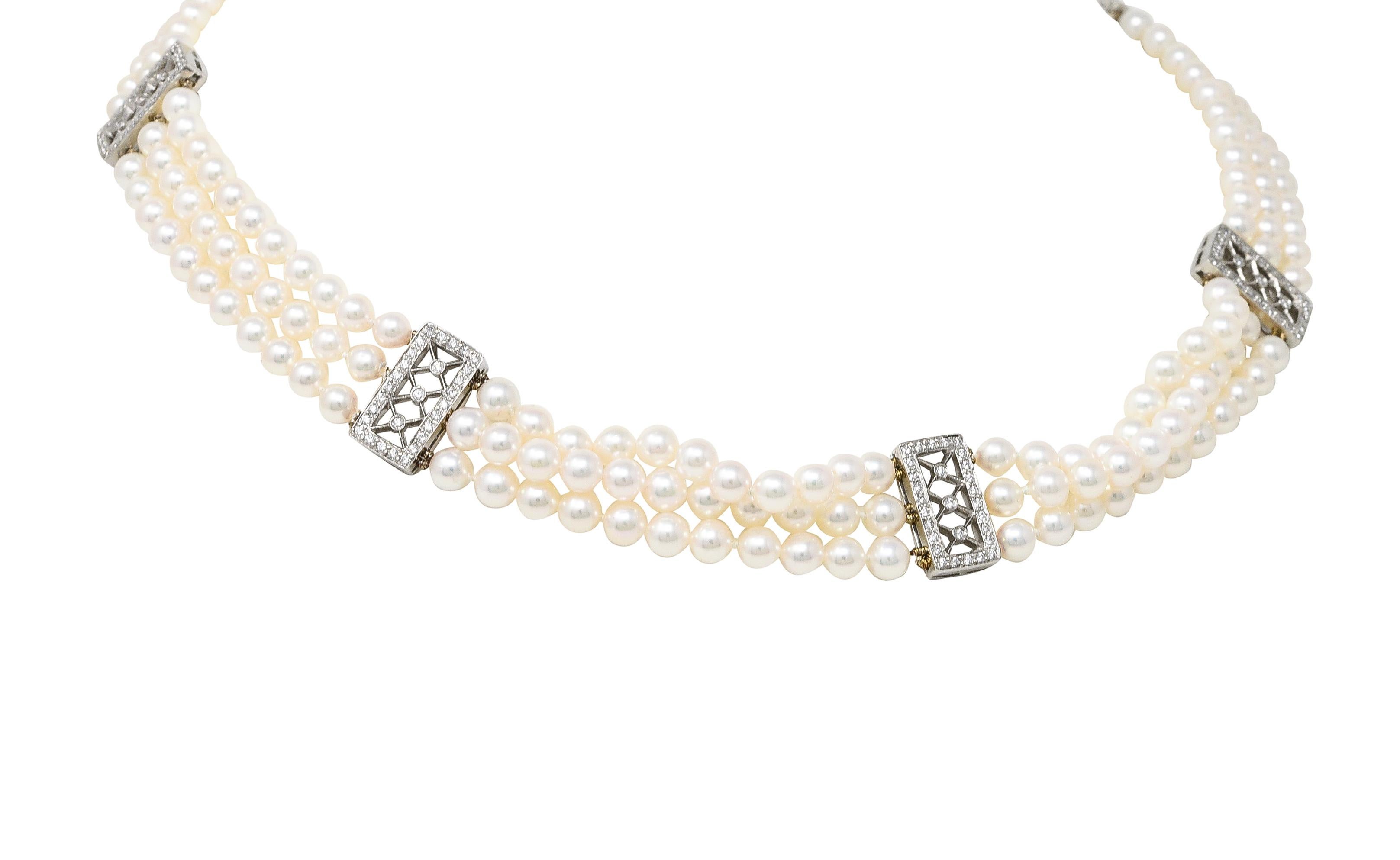 Round Cut Tiffany & Co. Diamond Pearl Platinum Voile Three Strand Station Collar Necklace