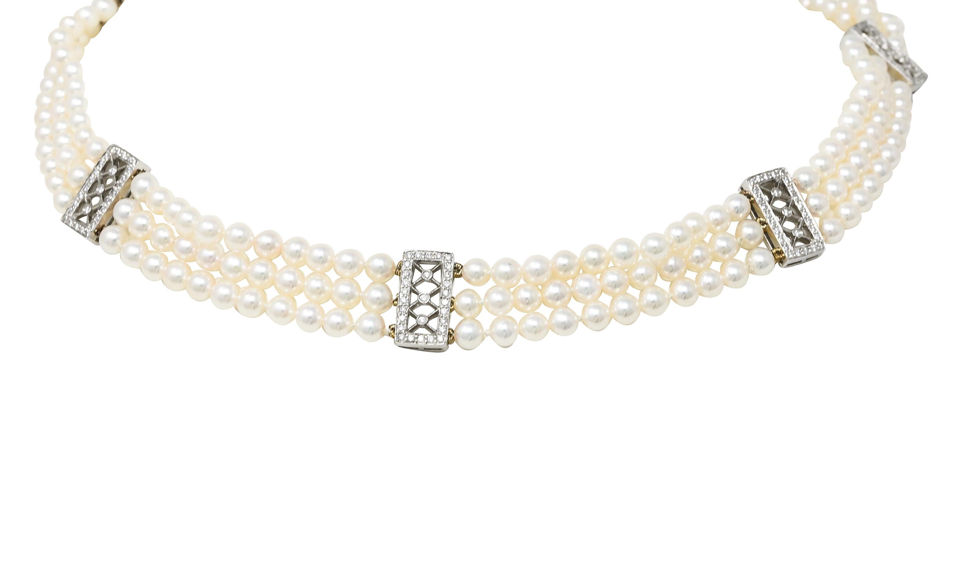 Tiffany & Co. Diamond Pearl Platinum Voile Three Strand Station Collar Necklace 2