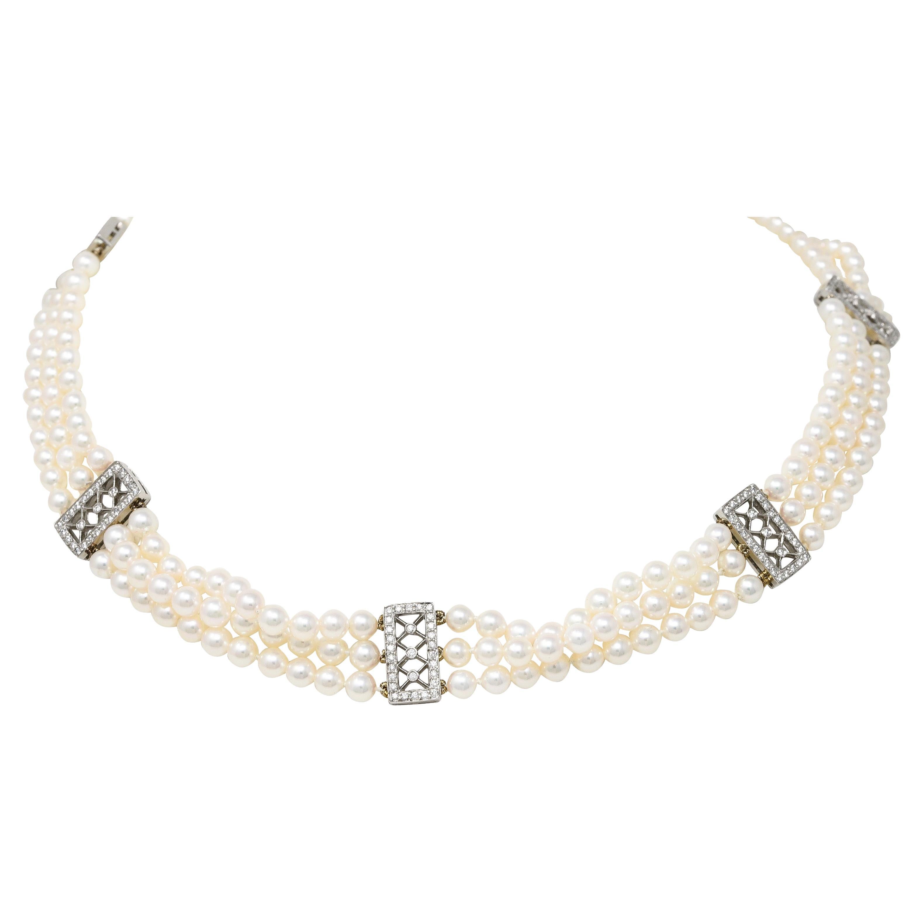 Tiffany & Co. Diamond Pearl Platinum Voile Three Strand Station Collar Necklace
