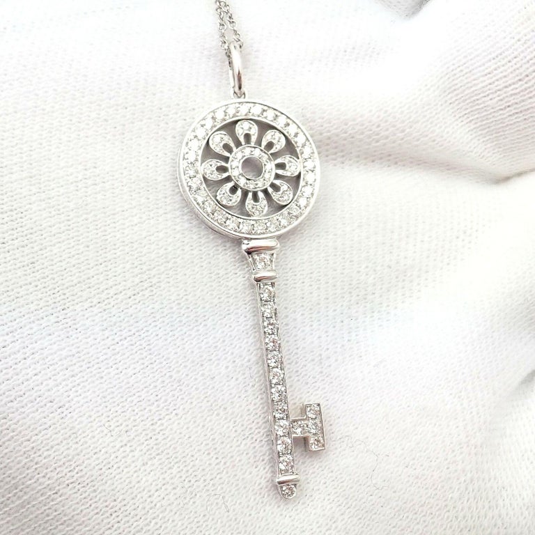 Tiffany and Co Diamond Petals Key Platinum Pendant Necklace For Sale at