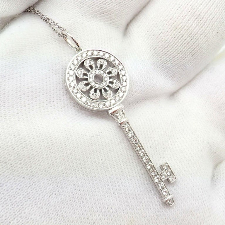 Tiffany and Co Diamond Petals Key Platinum Pendant Necklace For Sale at
