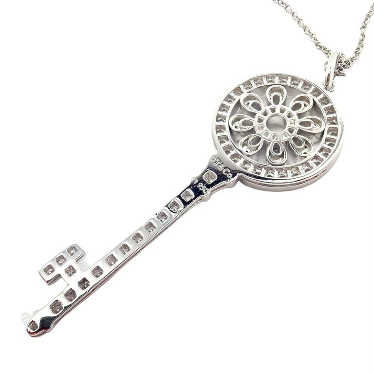 Tiffany and Co Diamond Petals Key Platinum Pendant Necklace For Sale at