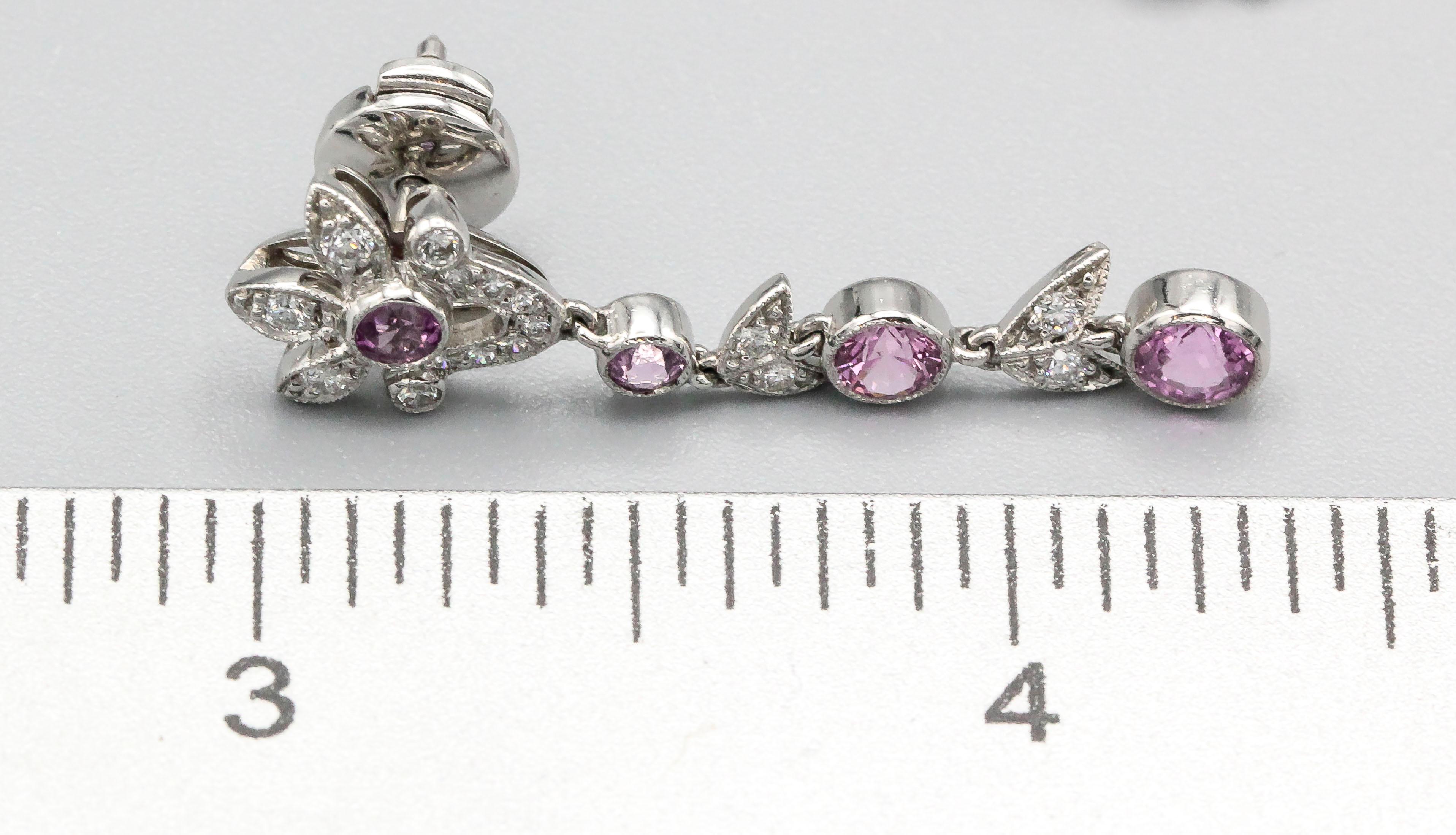 Round Cut Tiffany & Co. Diamond Pink Sapphire and Platinum Ear Pendants Earrings