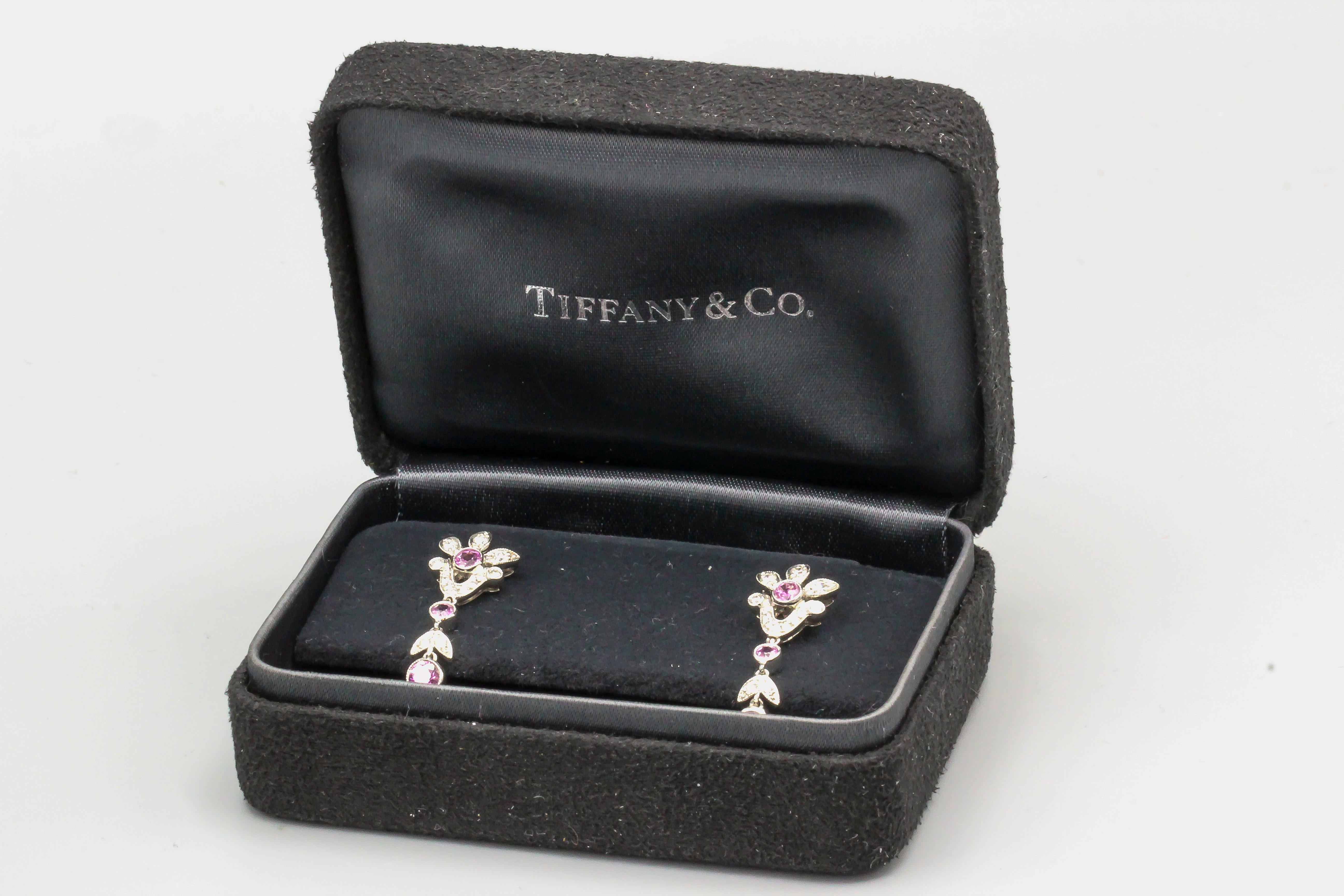 Tiffany & Co. Diamond Pink Sapphire and Platinum Ear Pendants Earrings In Excellent Condition In New York, NY