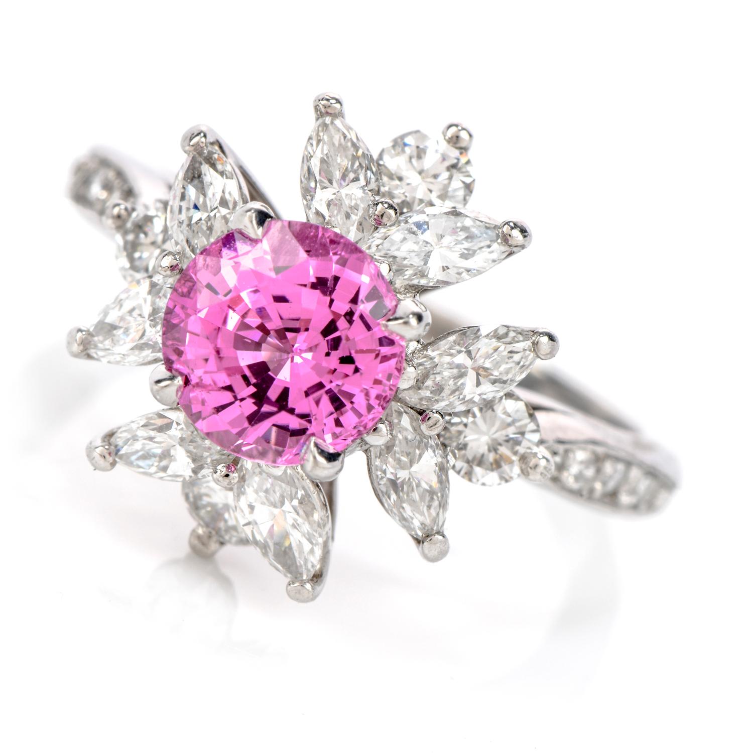 Modern Tiffany & Co. Diamond Pink Sapphire Platinum Round Marquis Halo Ring