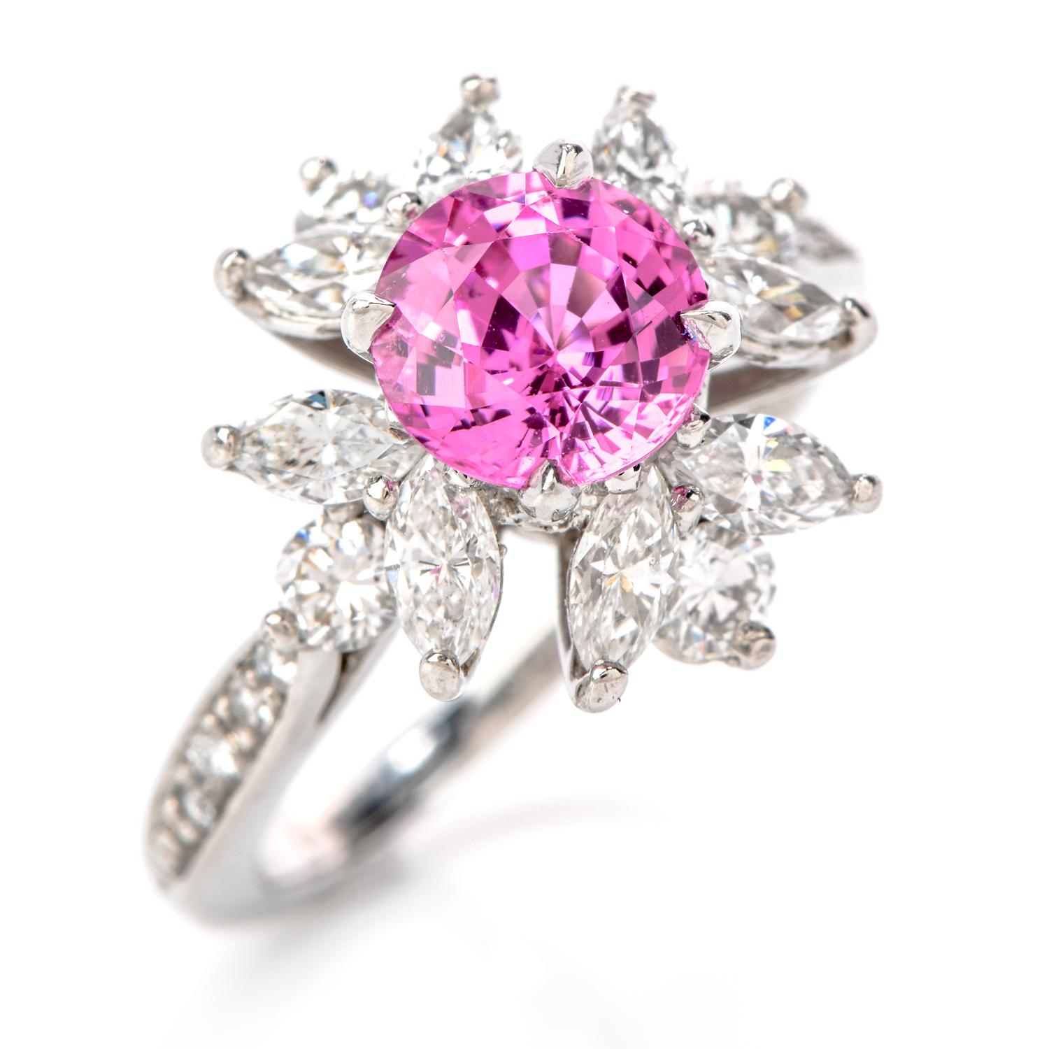 Round Cut Tiffany & Co. Diamond Pink Sapphire Platinum Round Marquis Halo Ring