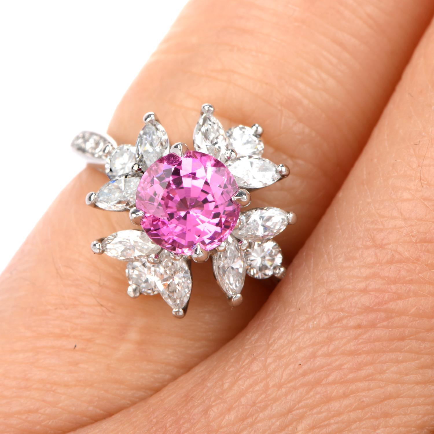 Tiffany & Co. Diamond Pink Sapphire Platinum Round Marquis Halo Ring In Excellent Condition In Miami, FL