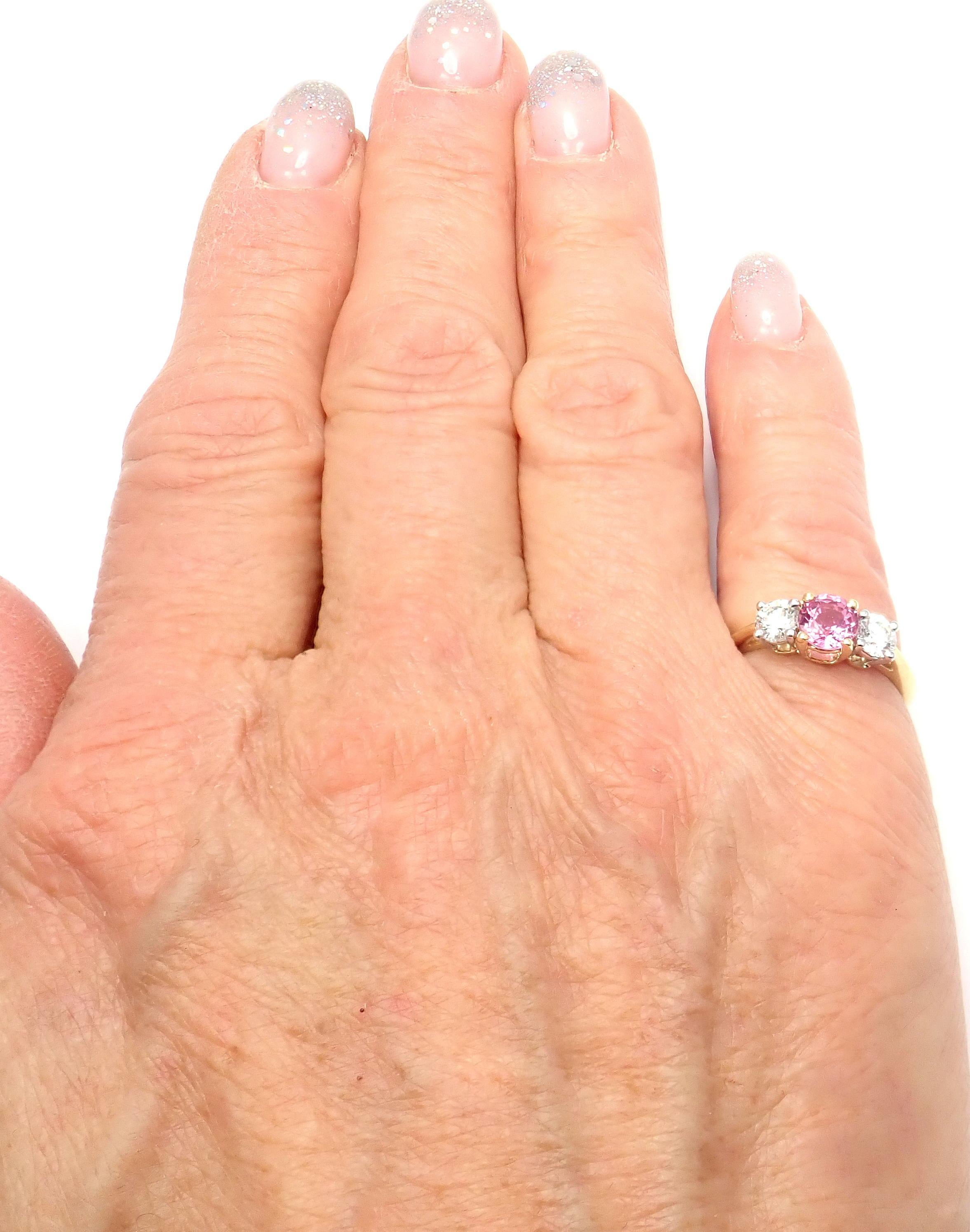 Tiffany & Co. Diamond Pink Sapphire Three-Stone Platinum Yellow Gold Band Ring 1