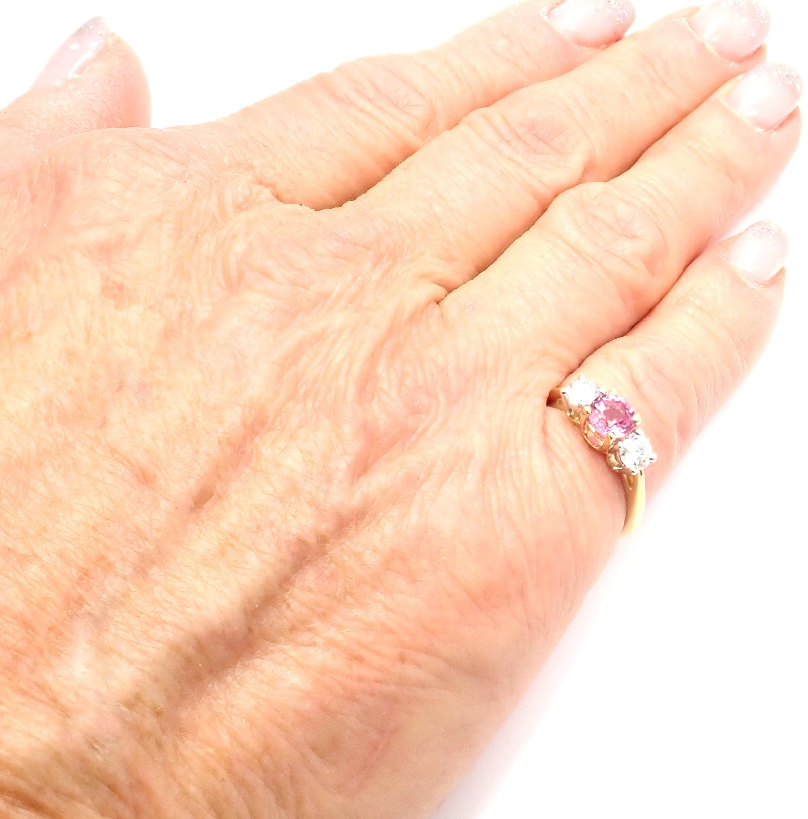 Tiffany & Co. Diamond Pink Sapphire Three-Stone Platinum Yellow Gold Band Ring 2