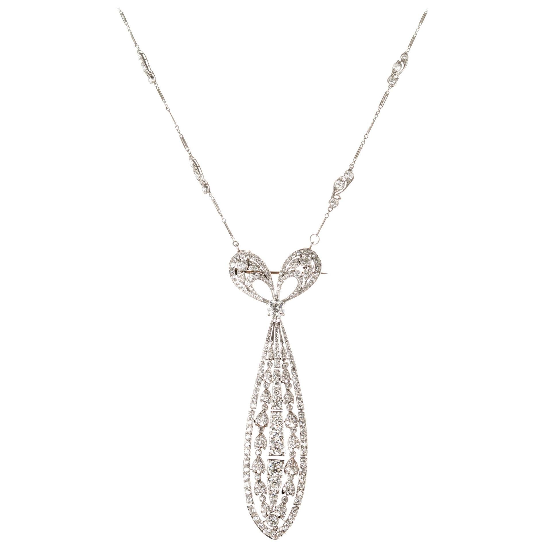 Tiffany & Co. Diamond Platinum Bow Brooch Pendant Necklace