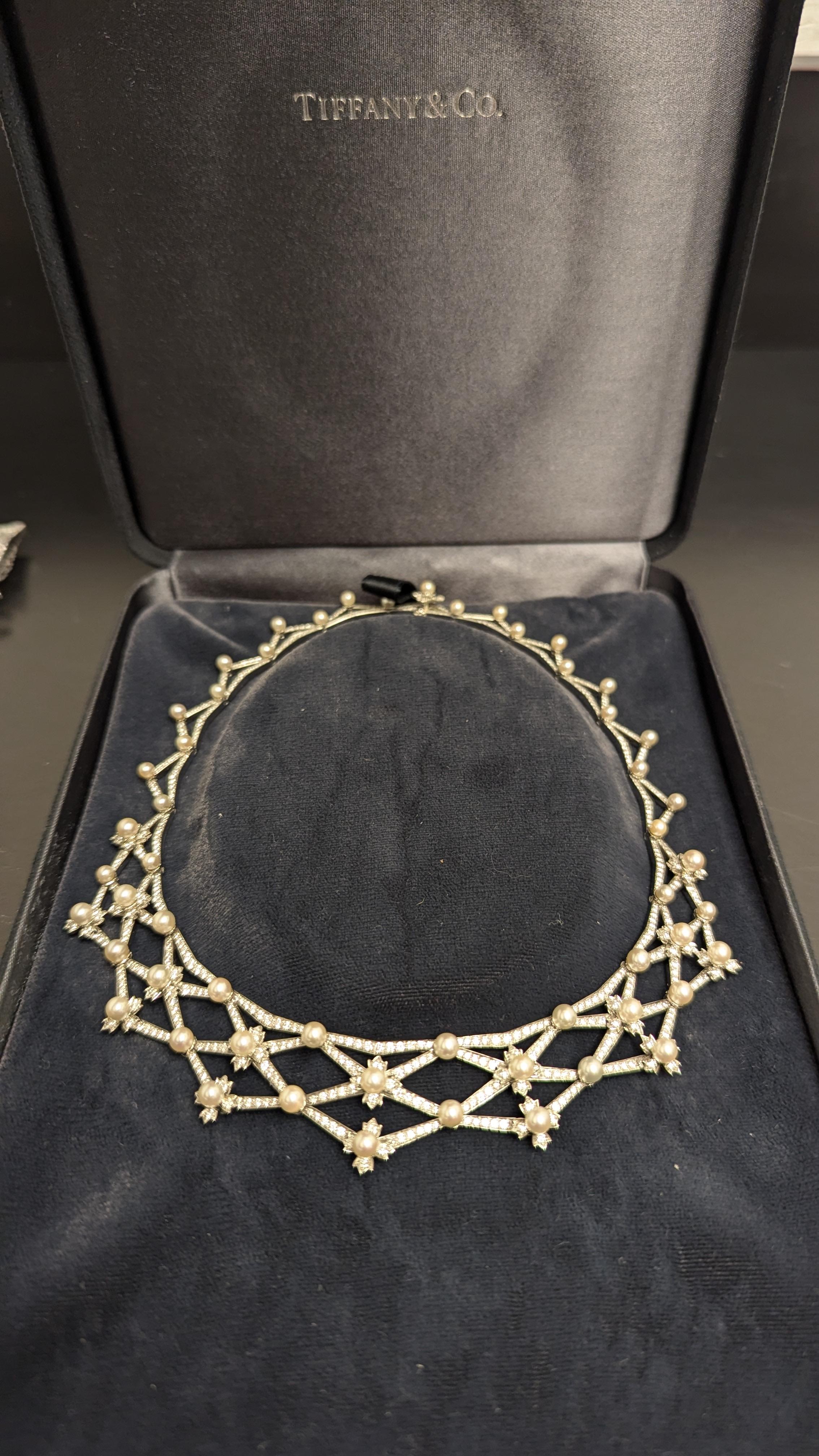 Round Cut Tiffany & Co. Diamond & Platinum Cultured Pearl Lattice Necklace w/ Original Box For Sale