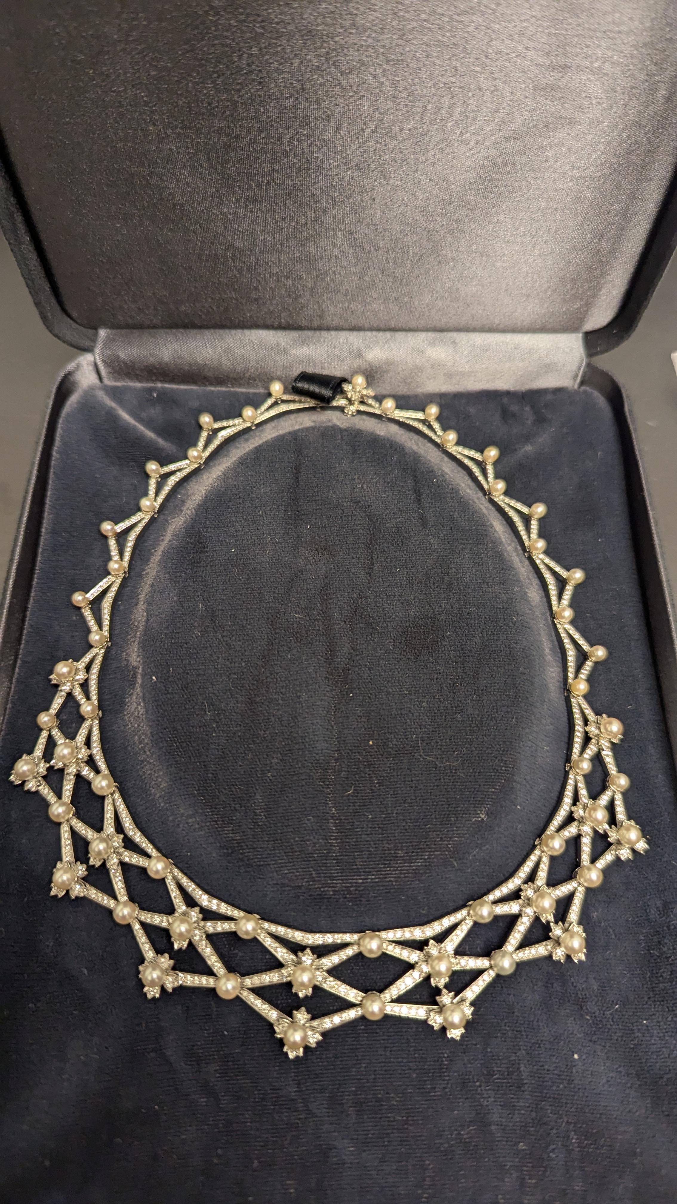 Women's Tiffany & Co. Diamond & Platinum Cultured Pearl Lattice Necklace w/ Original Box For Sale