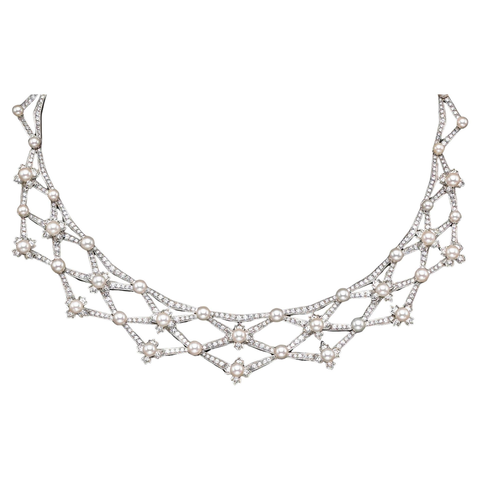 Tiffany & Co. Diamond & Platinum Cultured Pearl Lattice Necklace w/ Original Box