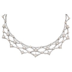 Tiffany & Co. Diamond & Platinum Cultured Pearl Lattice Necklace w/ Original Box