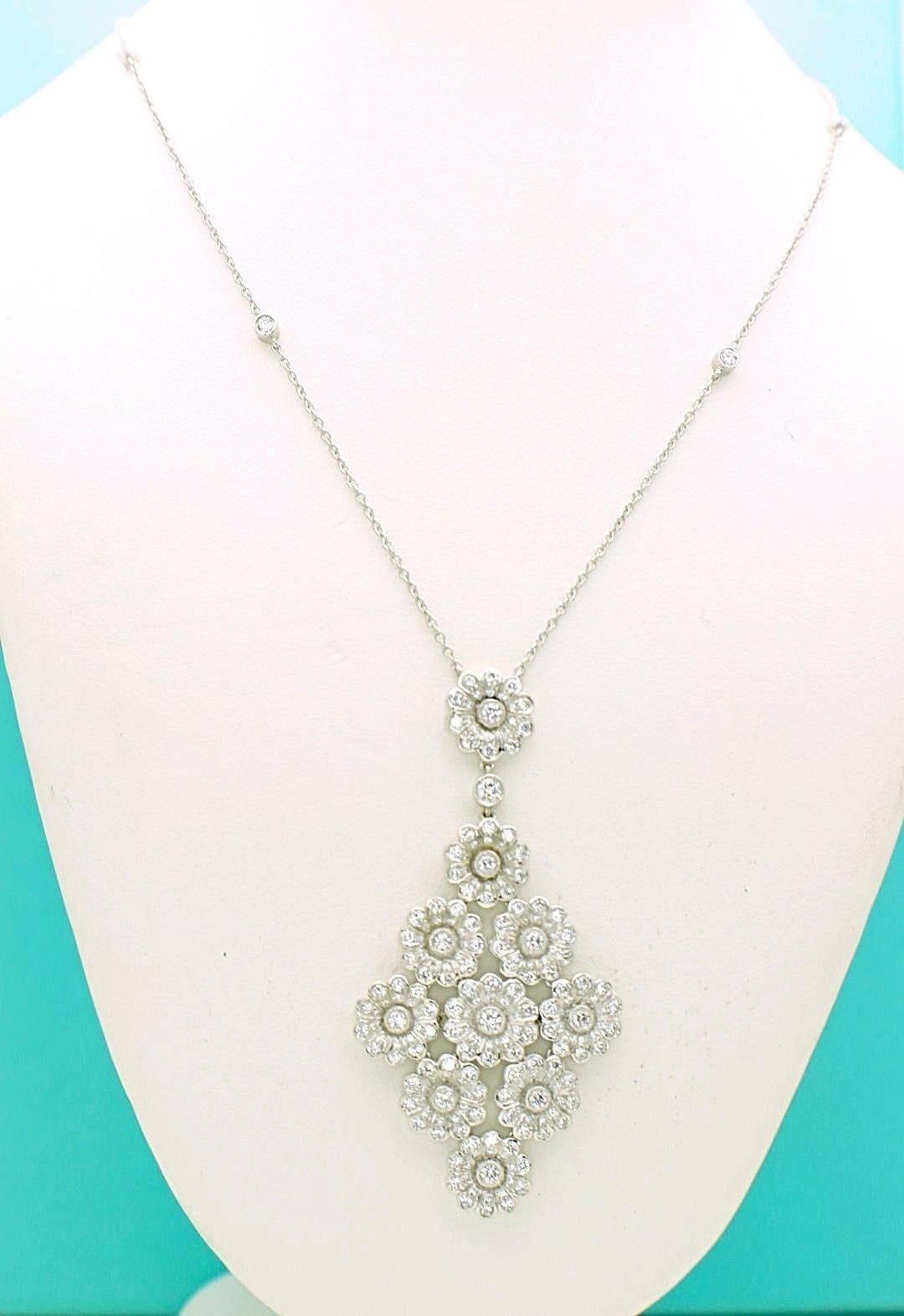 Round Cut Tiffany & Co. Diamond Platinum Flower Daisy Cluster Pendant Necklace